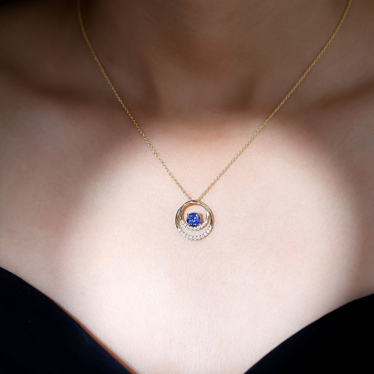 Lab Grown Blue Sapphire and Moissanite Promise Necklace AAAA - Rosec Jewels