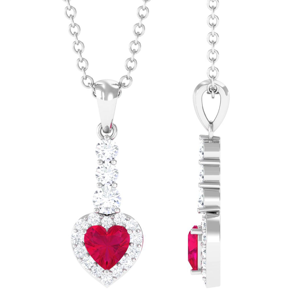 Heart Shape Ruby Drop Pendant with Diamond Ruby - ( AAA ) - Quality - Rosec Jewels
