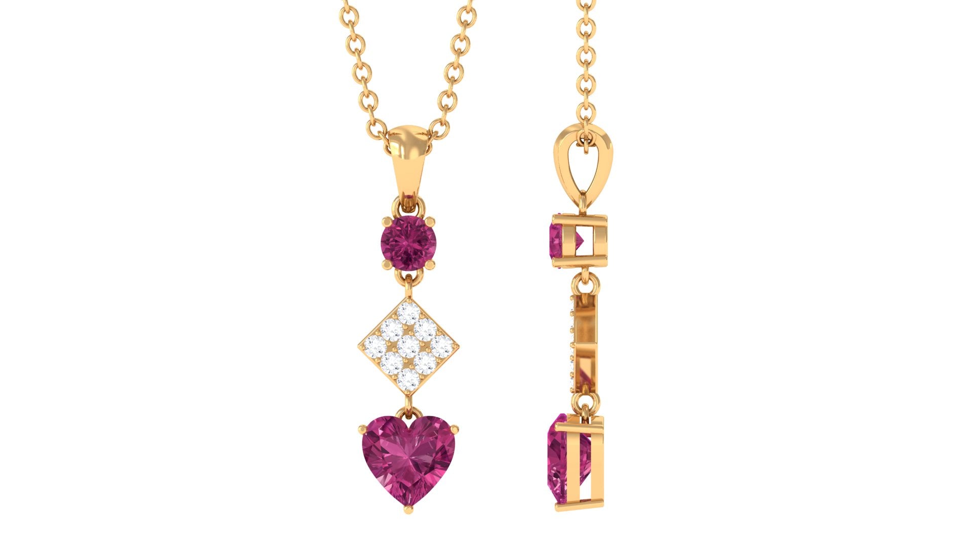 Round and Heart Shape Pink Tourmaline Dangle Pendant with Diamond AAA - Rosec Jewels