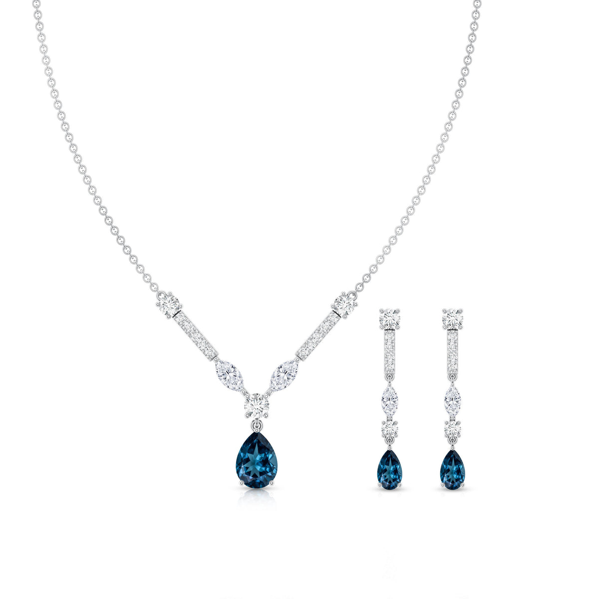 Pear Shape London Blue Topaz and Moissanite Wedding Necklace Earrings Set AAA - Rosec Jewels