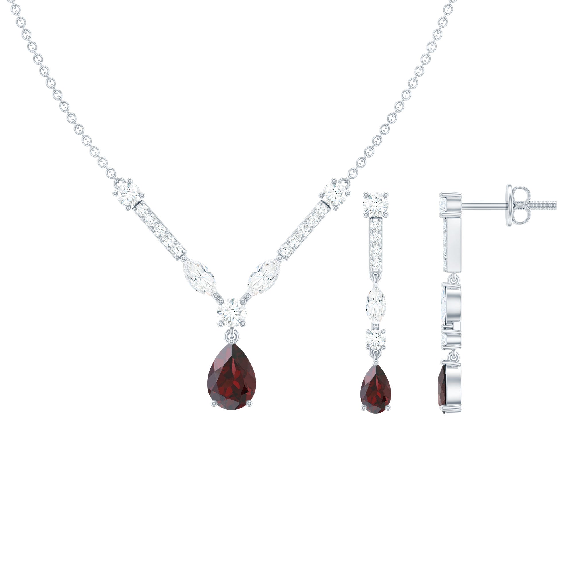 Pear Shape Garnet and Moissanite Drop Jewelry Set