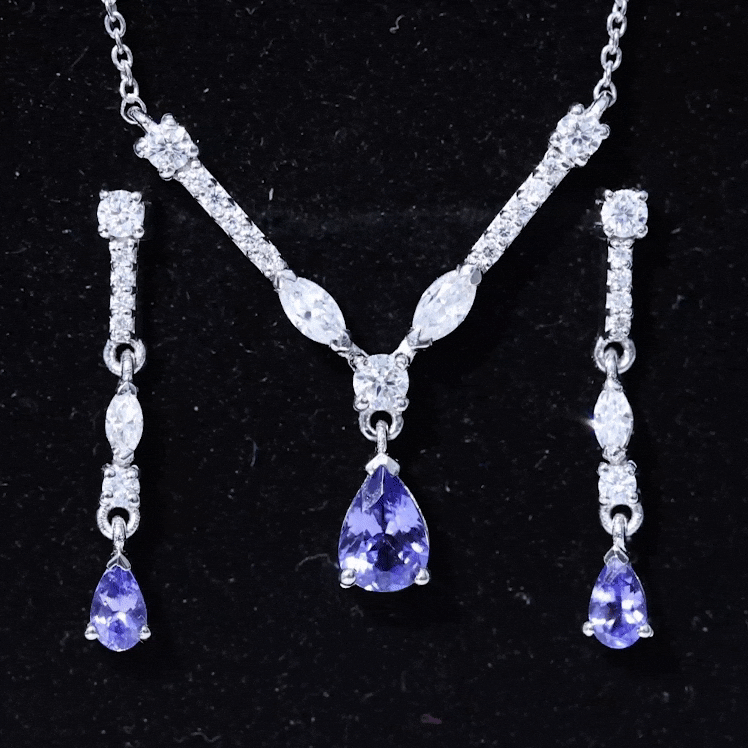 Tanzanite and Moissanite Drop Necklace Earrings Set AAA - Rosec Jewels