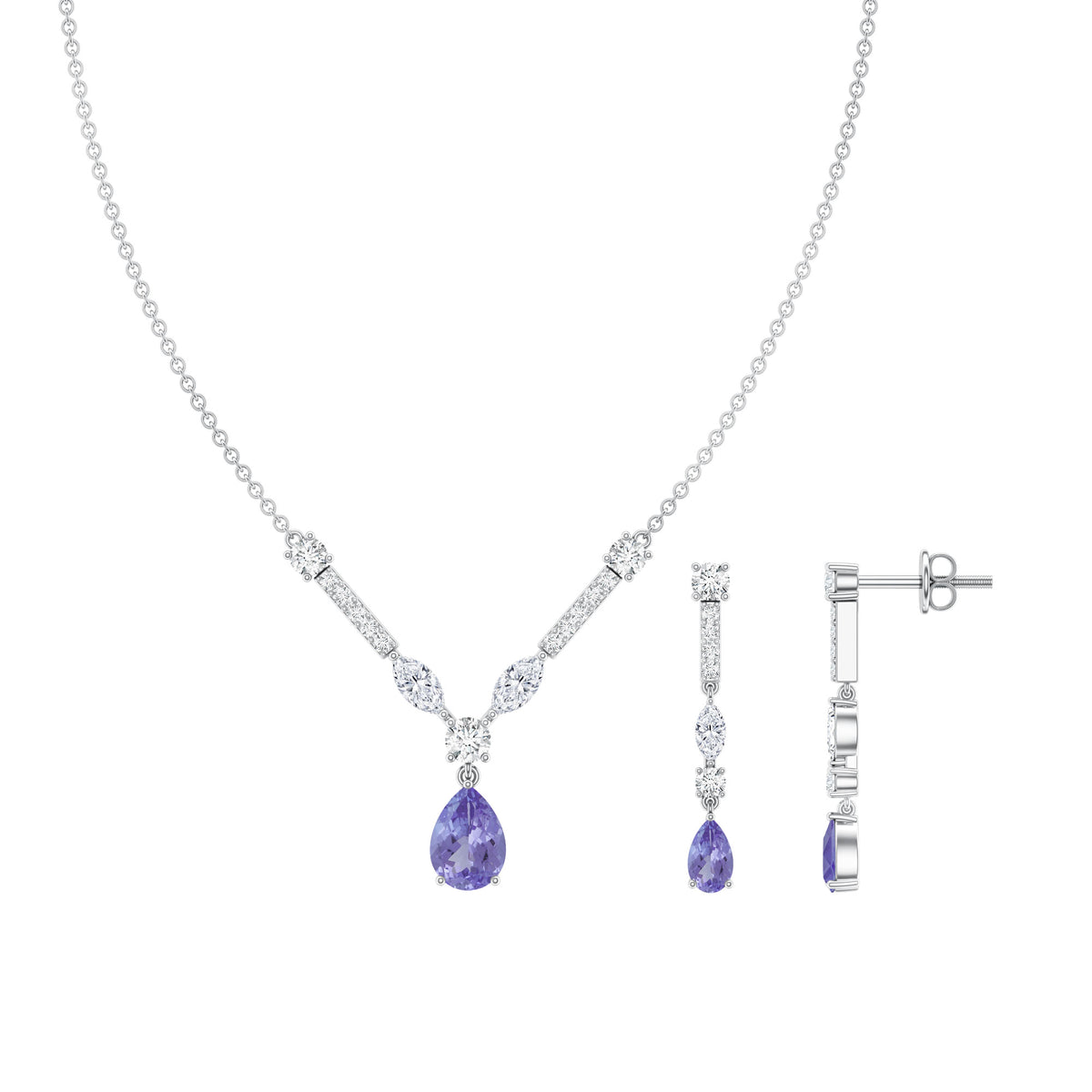 Tanzanite and Moissanite Drop Necklace Earrings Set AAA - Rosec Jewels