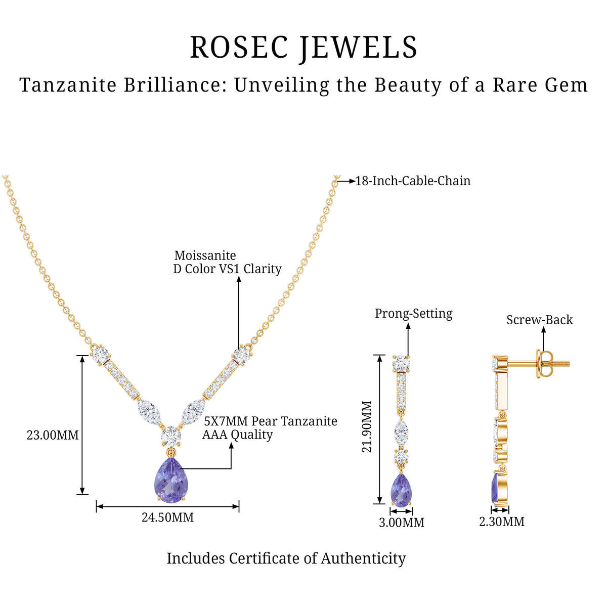 Tanzanite and Moissanite Drop Necklace Earrings Set AAA - Rosec Jewels