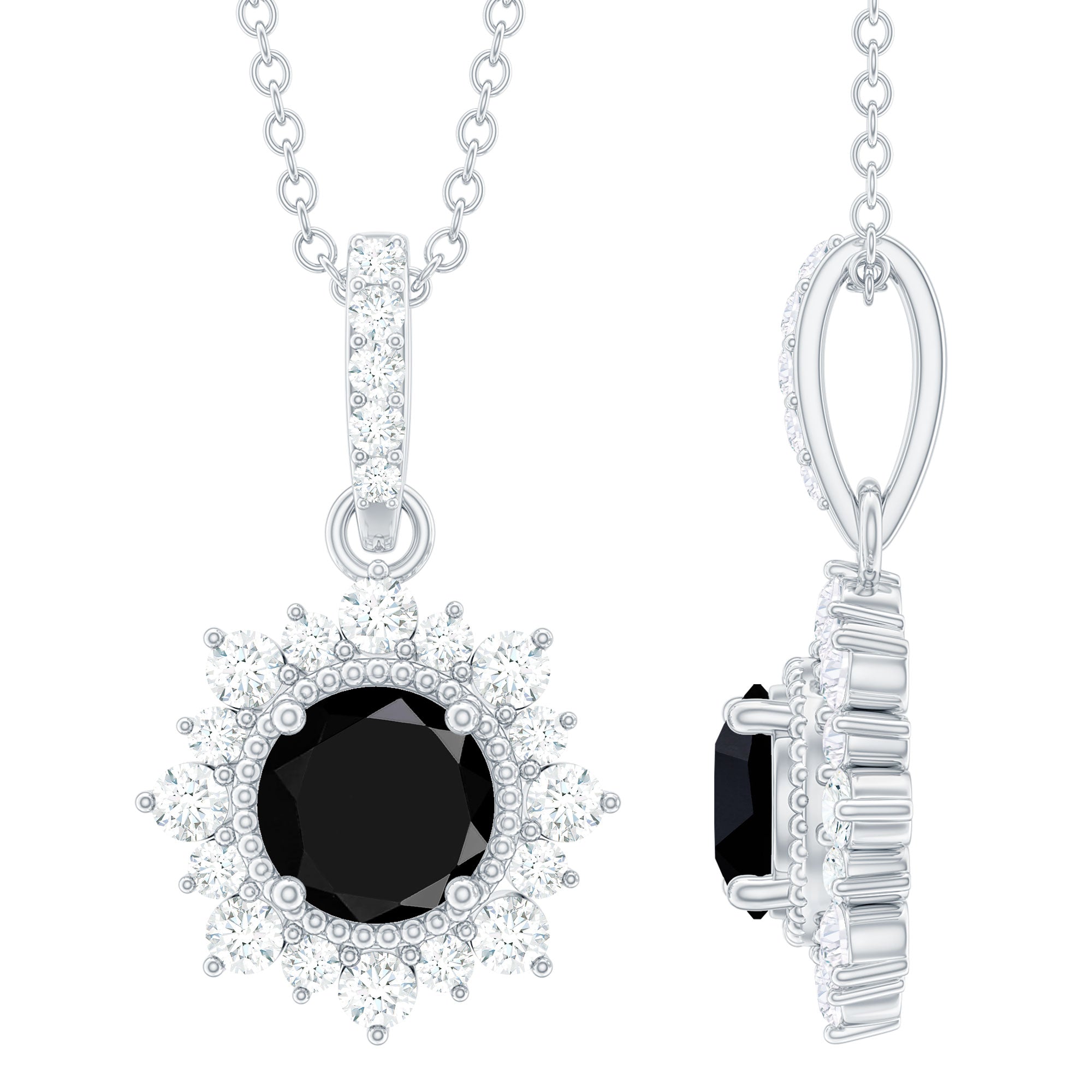 Round Black Spinel Halo Pendant with Diamond Accent Bail