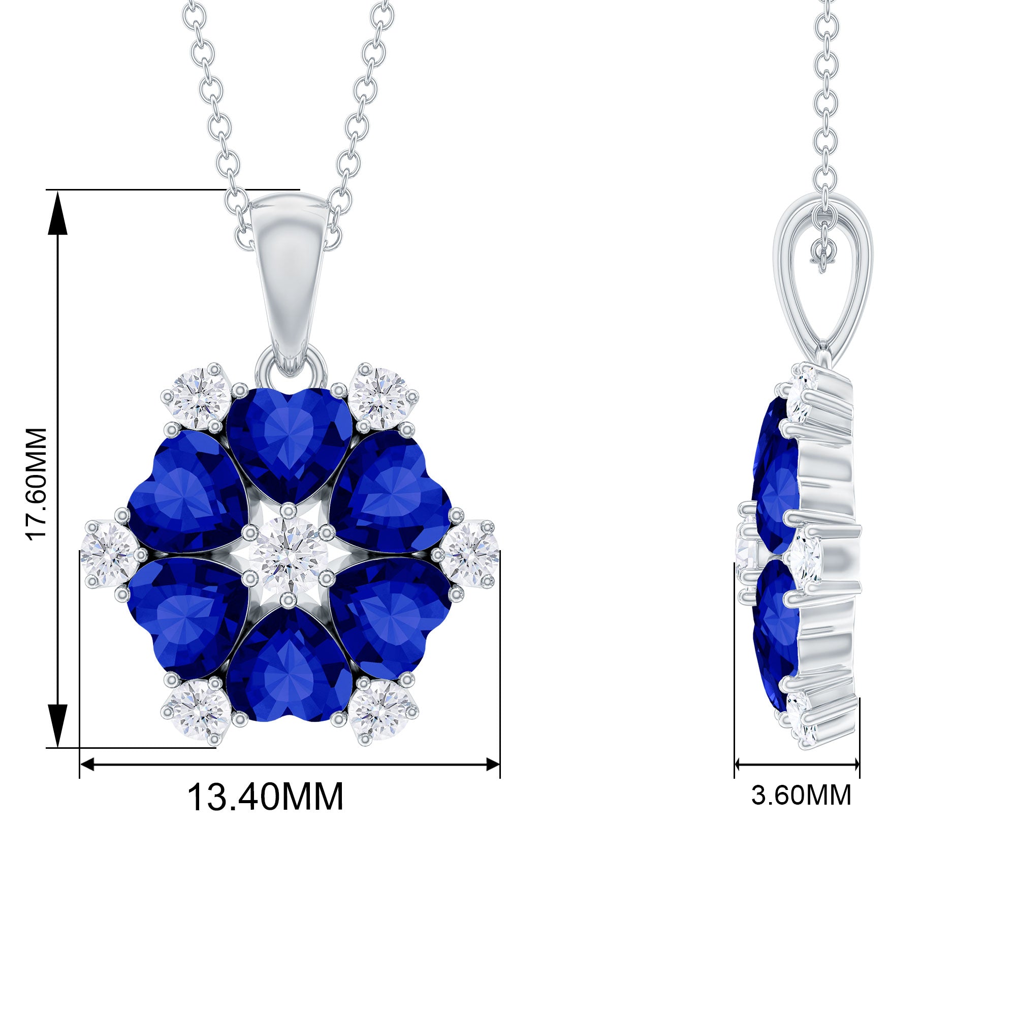 Heart Shape Created Blue Sapphire and Diamond Flower Pendant Lab Created Blue Sapphire - ( AAAA ) - Quality - Rosec Jewels
