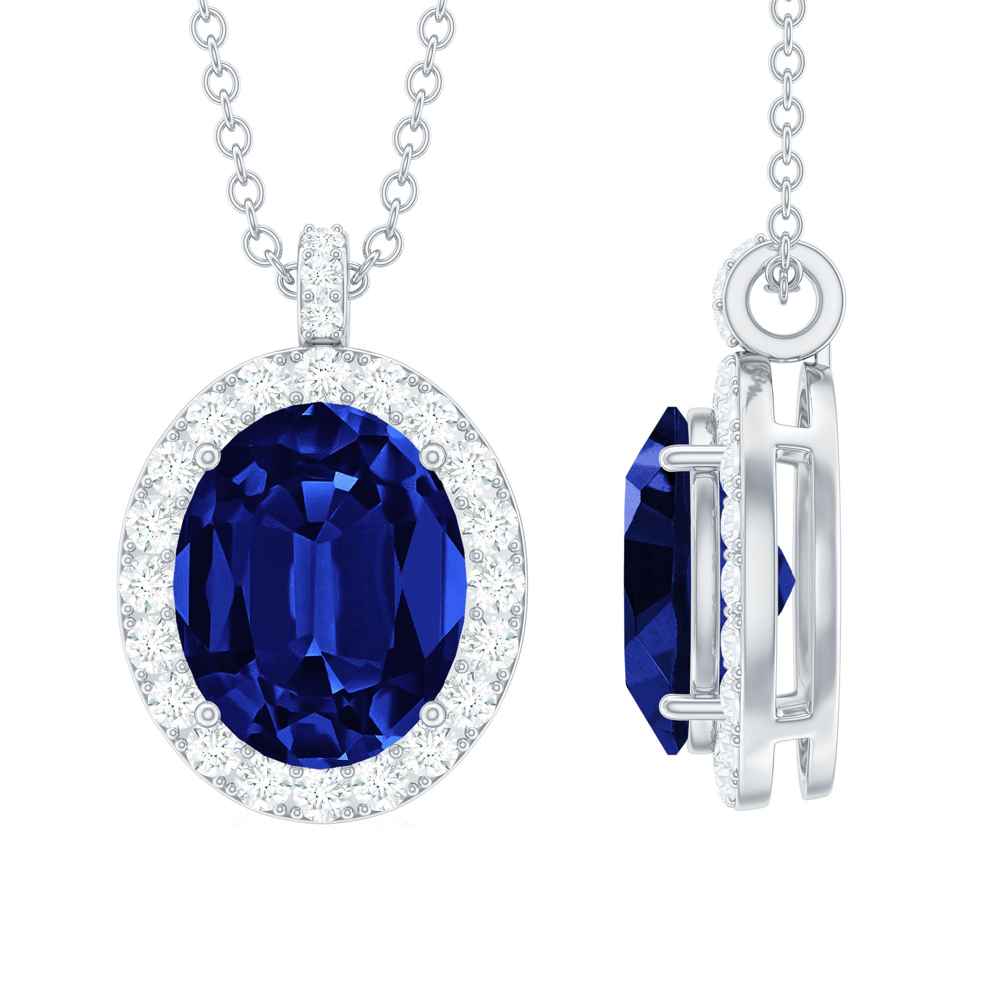 Oval Cut Created Blue Sapphire Halo Pendant with Moissanite Lab Created Blue Sapphire - ( AAAA ) - Quality - Rosec Jewels