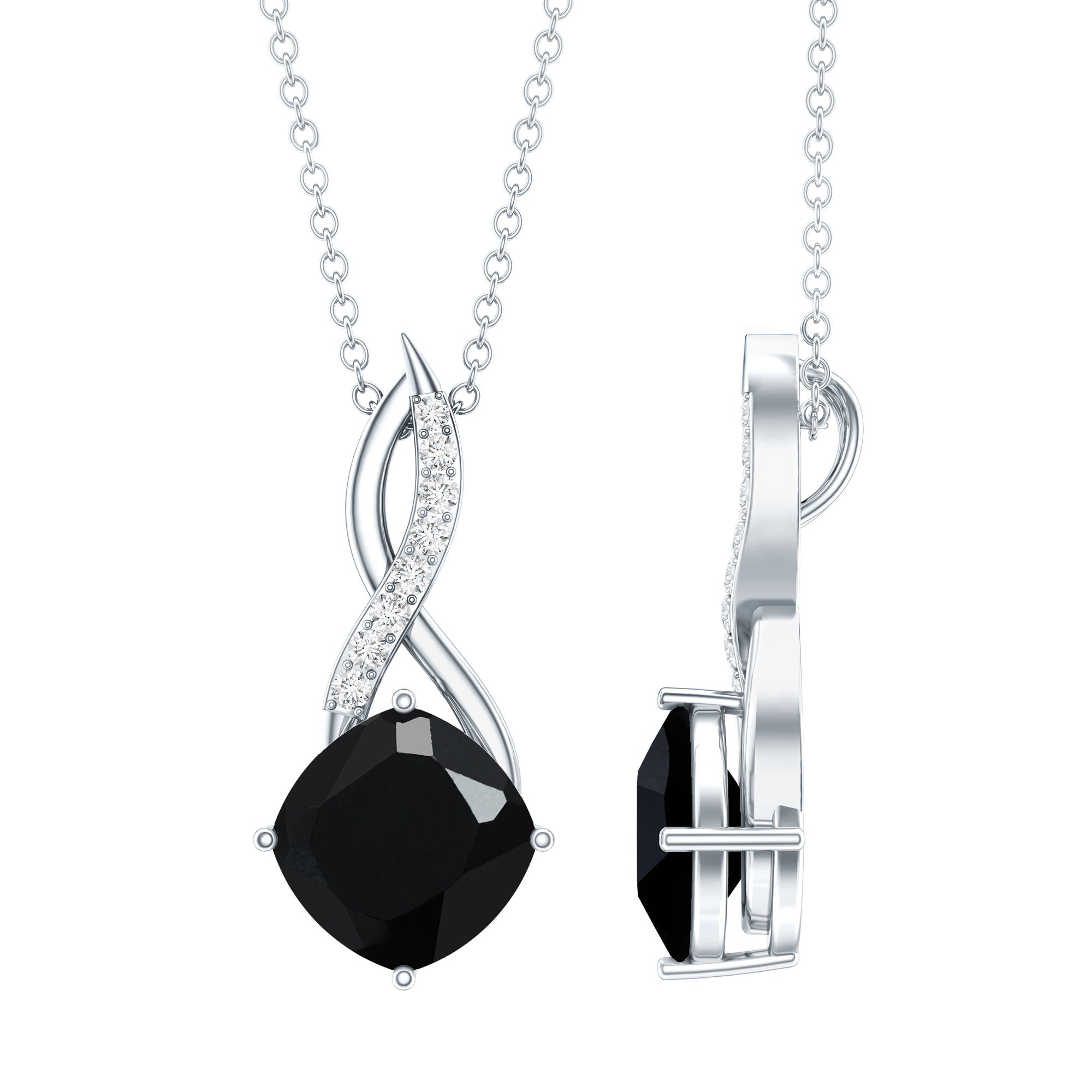 Cushion Cut Black Onyx Solitaire Infinity Necklace with Lab Diamond AAA - Rosec Jewels
