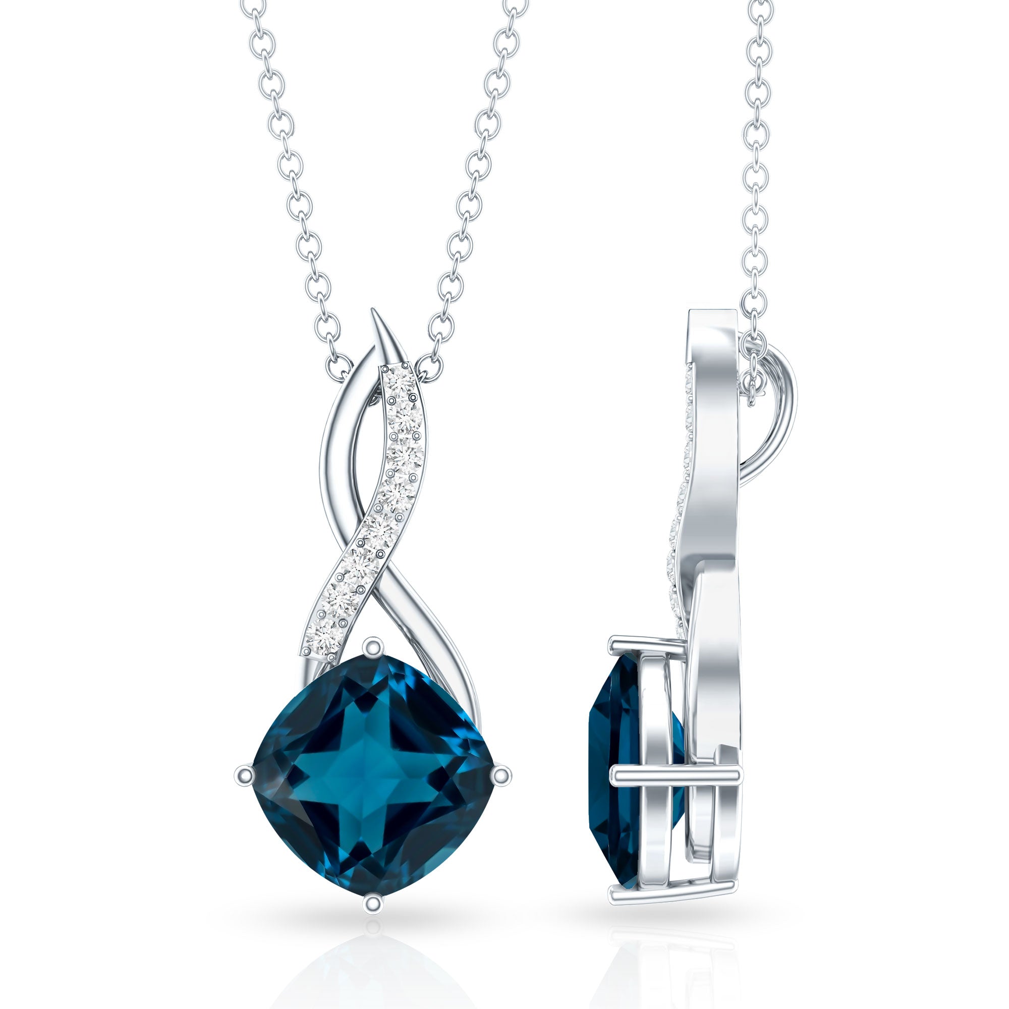 2.8 Carat Cushion Cut London Blue Topaz Infinity Pendant with Diamond AAA - Rosec Jewels
