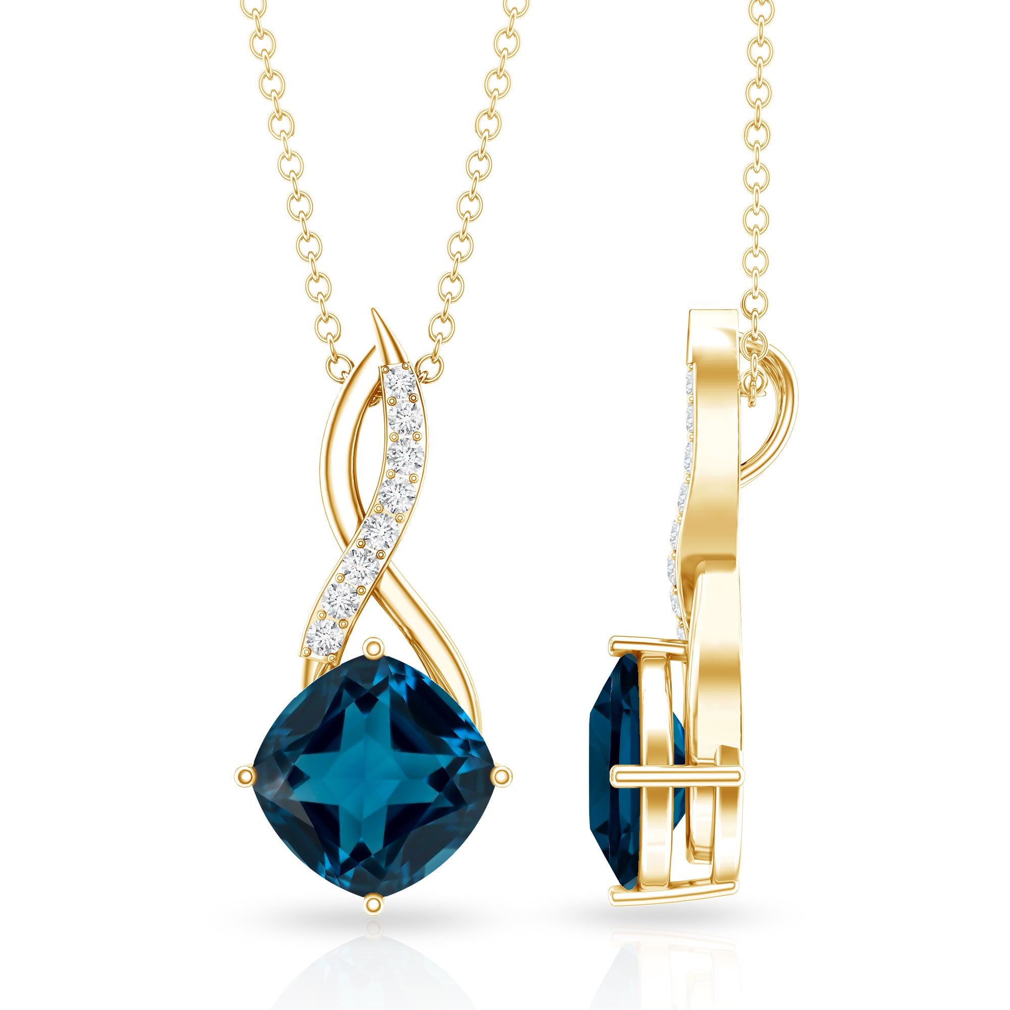 2.8 Carat Cushion Cut London Blue Topaz Infinity Pendant with Diamond AAA - Rosec Jewels