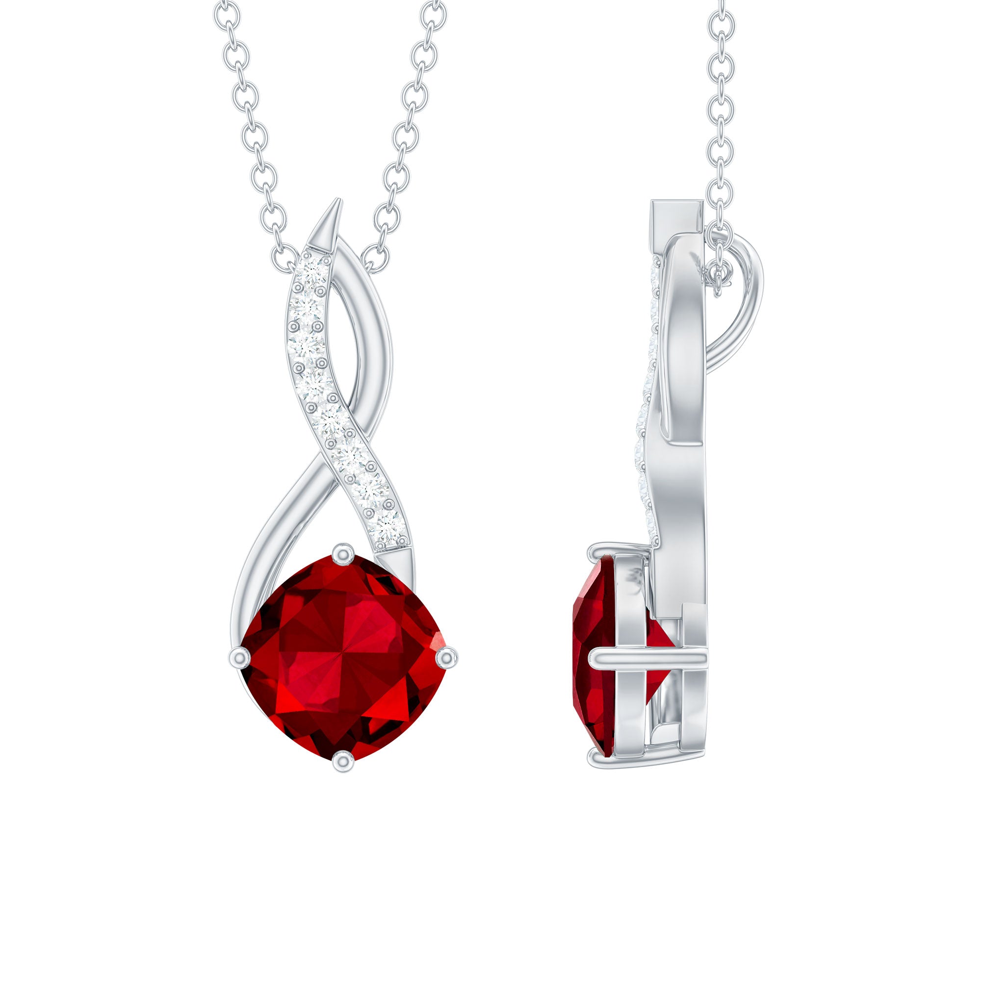 Cushion Cut Created Ruby Solitaire Infinity Pendant with Diamond