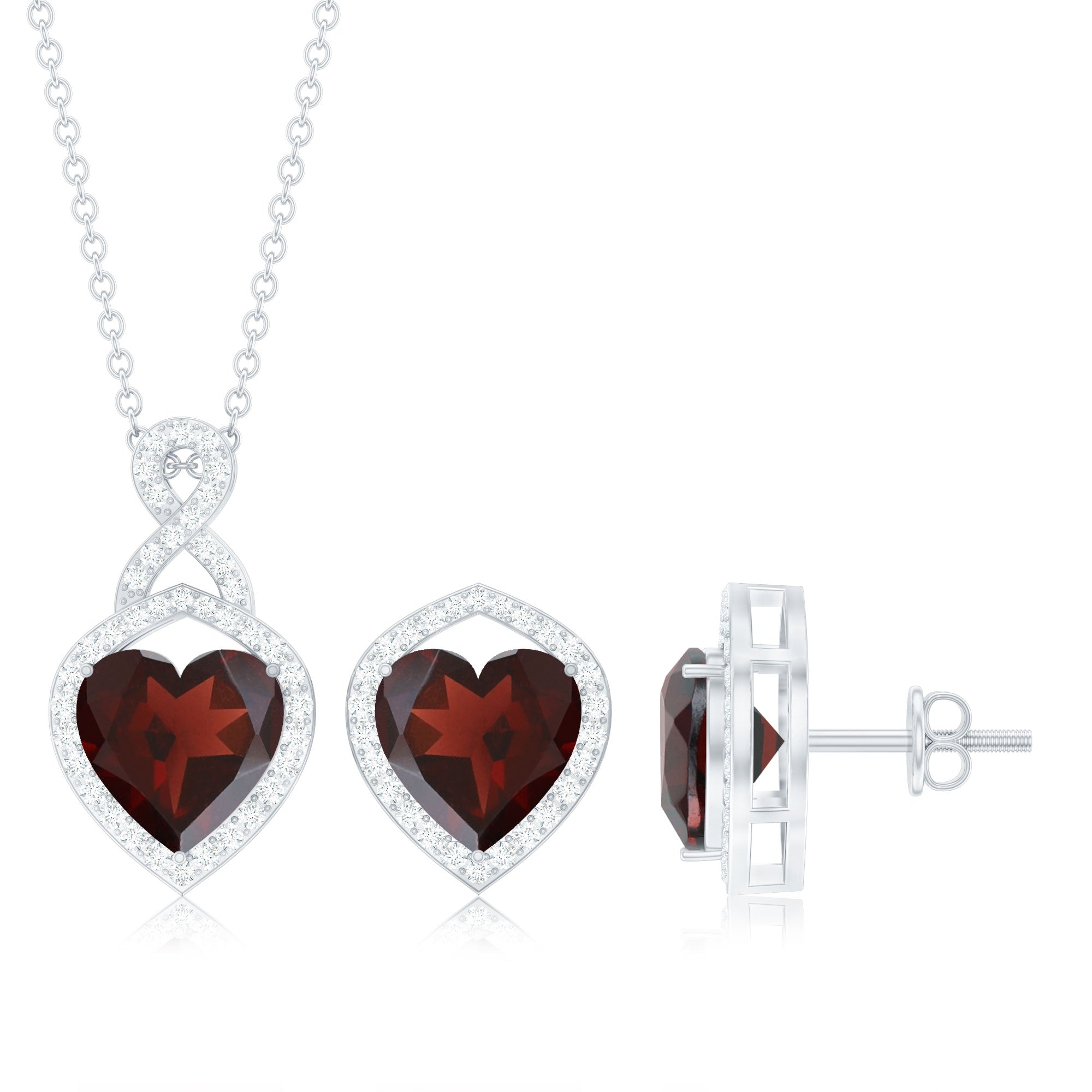 Real Garnet and Diamond Infinity Heart Jewelry Set AAA - Rosec Jewels