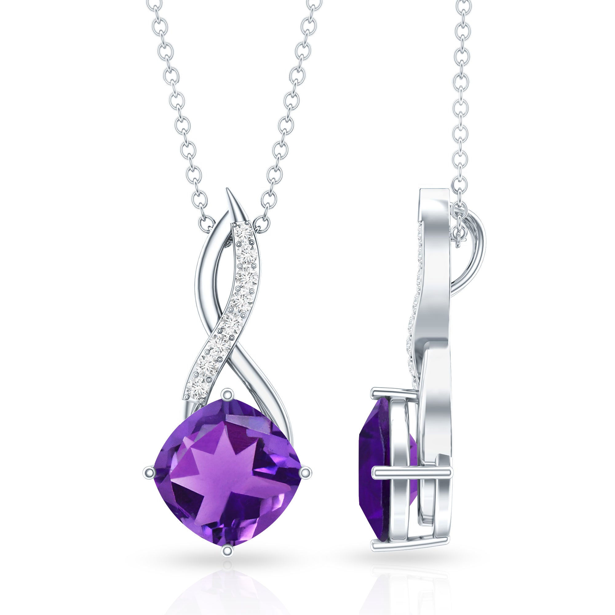 Natural 2 Carat Cushion Cut Amethyst Infinity Necklace with Diamond AAA - Rosec Jewels