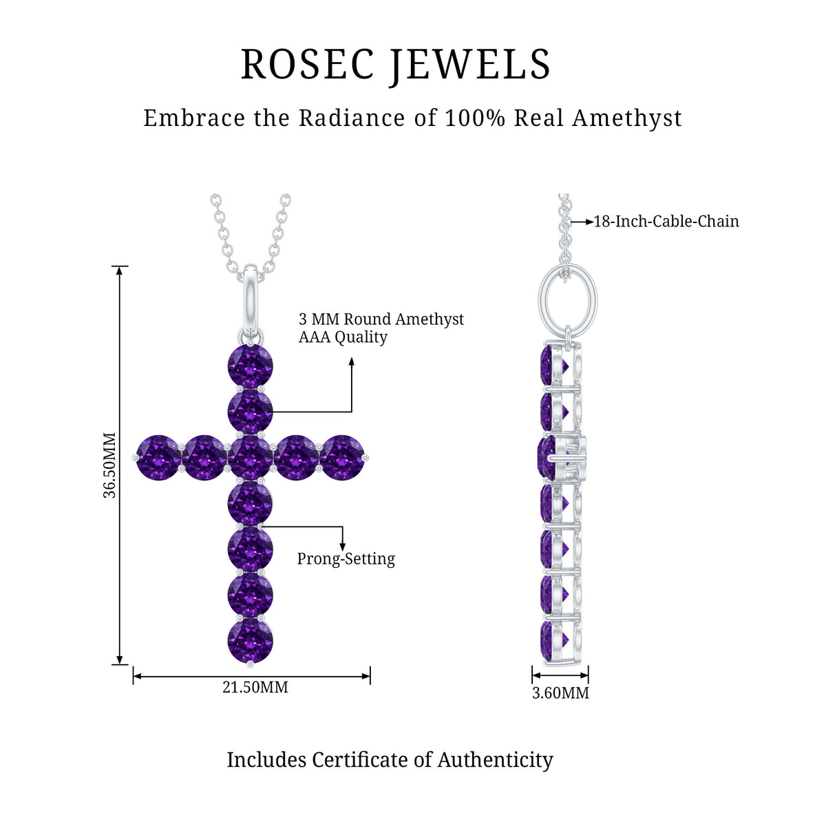 Natural Amethyst Cross Pendant Necklace with Chain AAA - Rosec Jewels