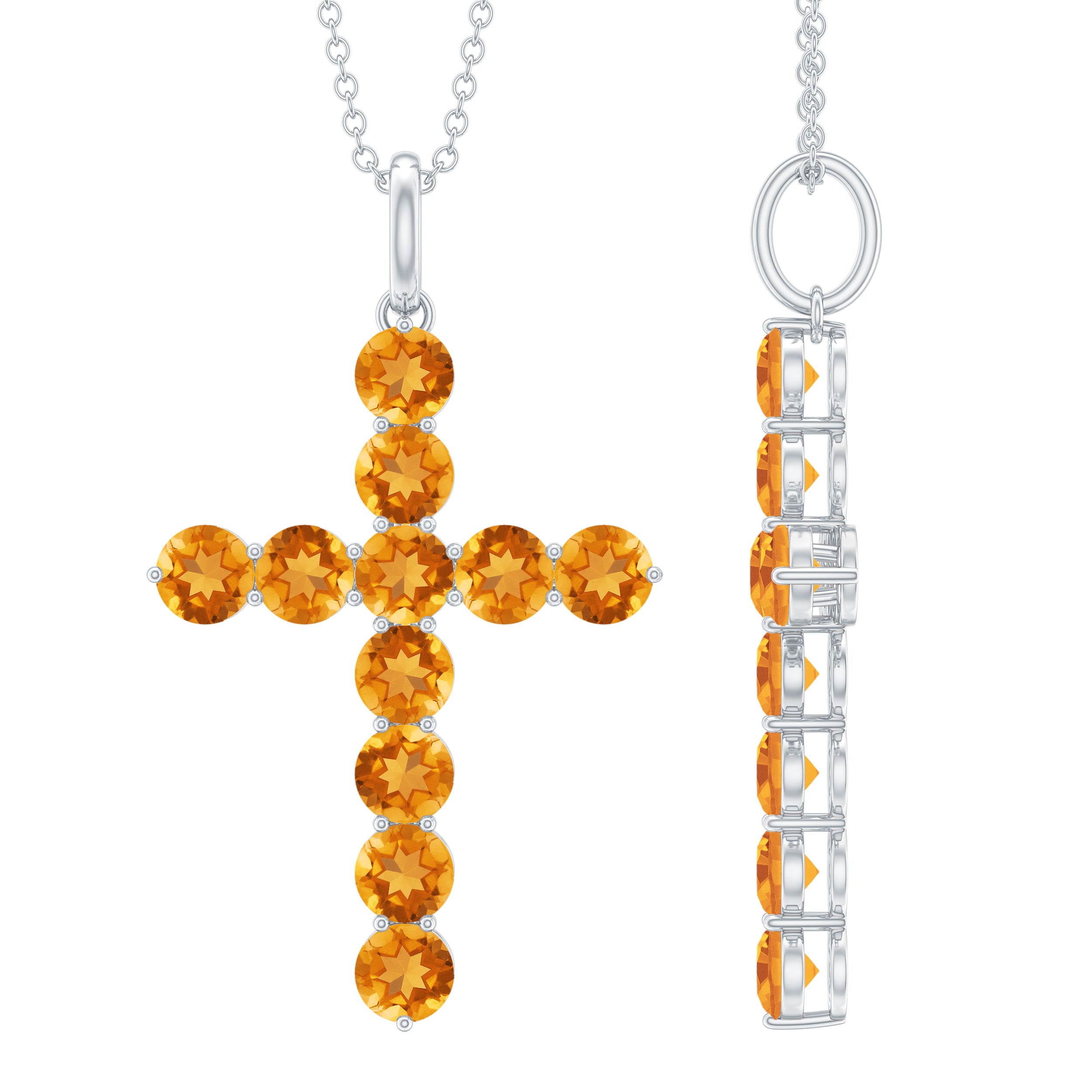 Round Cut Citrine Christian Cross Necklace in Silver