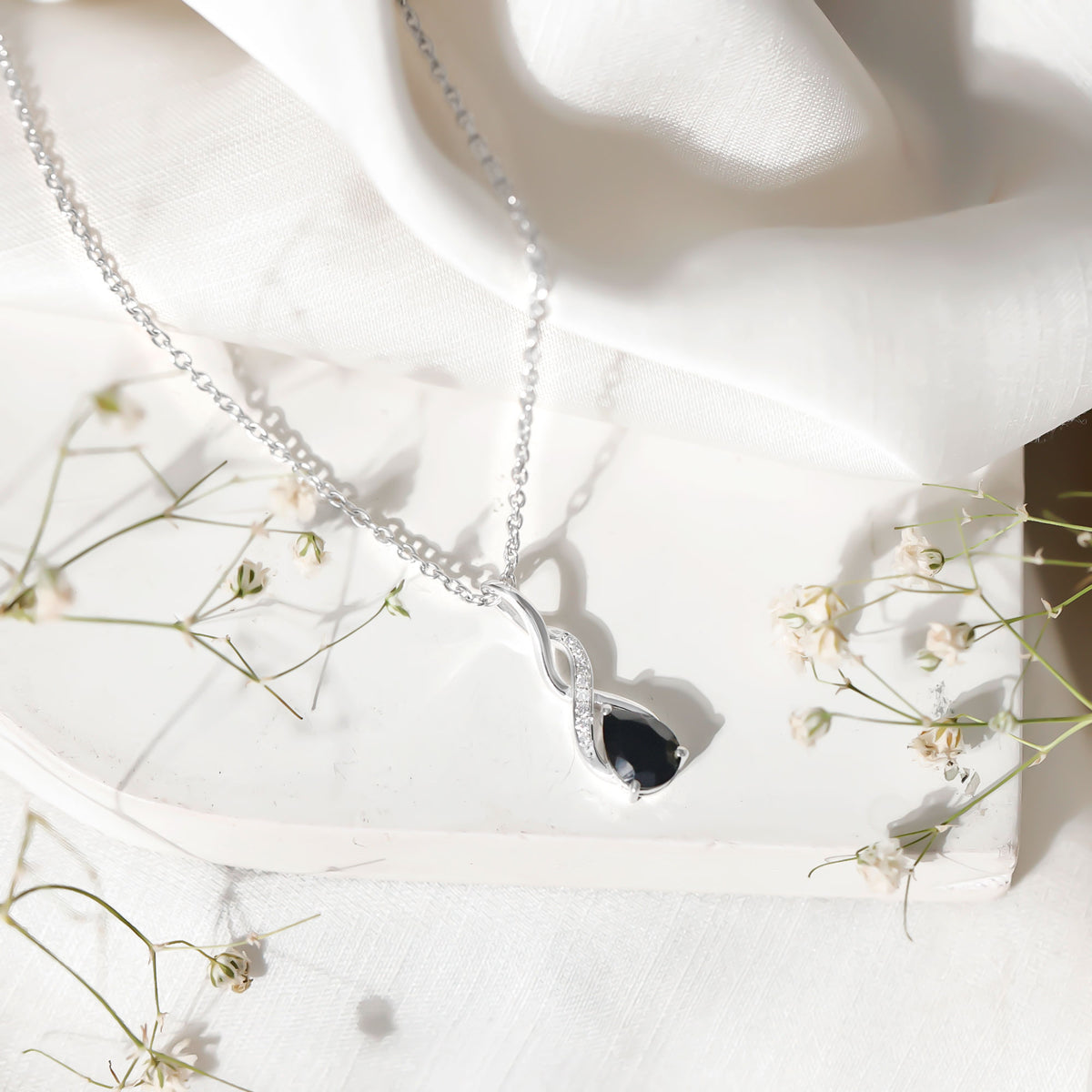 1 Carat Pear Shape Black Onyx Infinity Necklace with Diamonds AAA - Rosec Jewels