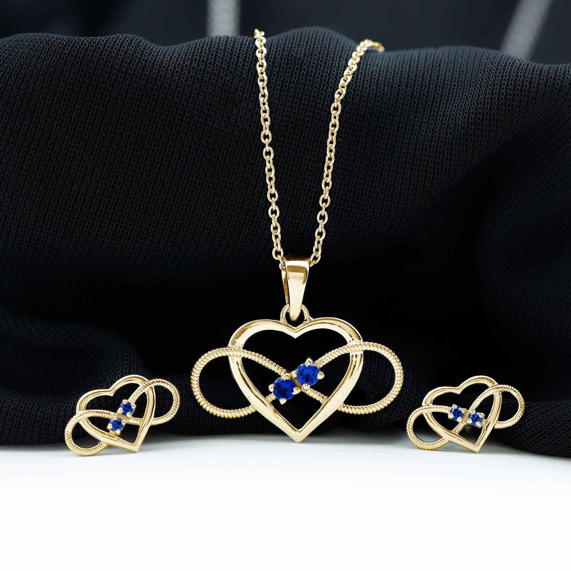 Lab Grown Blue Sapphire Infinity Heart Jewellery Set Lab Created Blue Sapphire - ( AAAA ) - Quality - Rosec Jewels