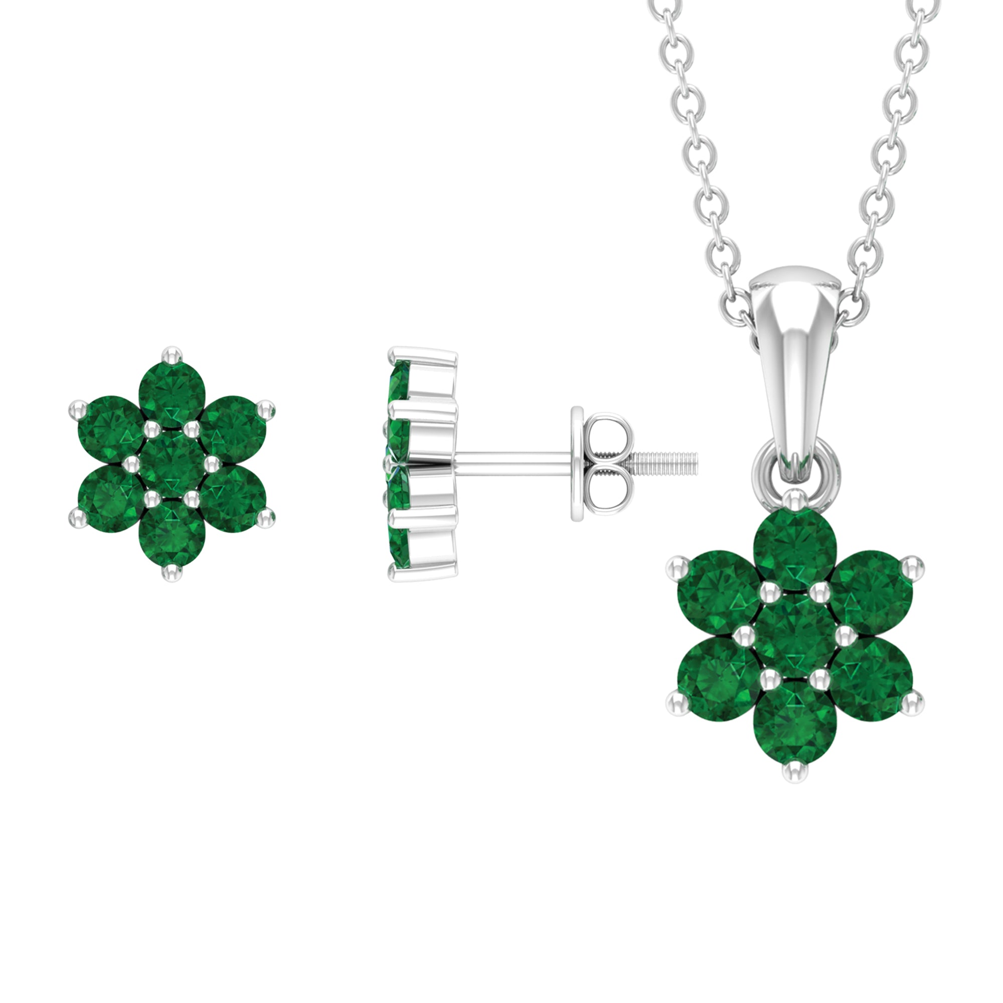 Round Shape Emerald Floral Pendant and Earring Set Emerald - ( AAA ) - Quality - Rosec Jewels