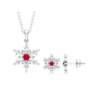 Lab Grown Ruby and Diamond Snowflake Necklace With Earrings AAAA - Rosec Jewels