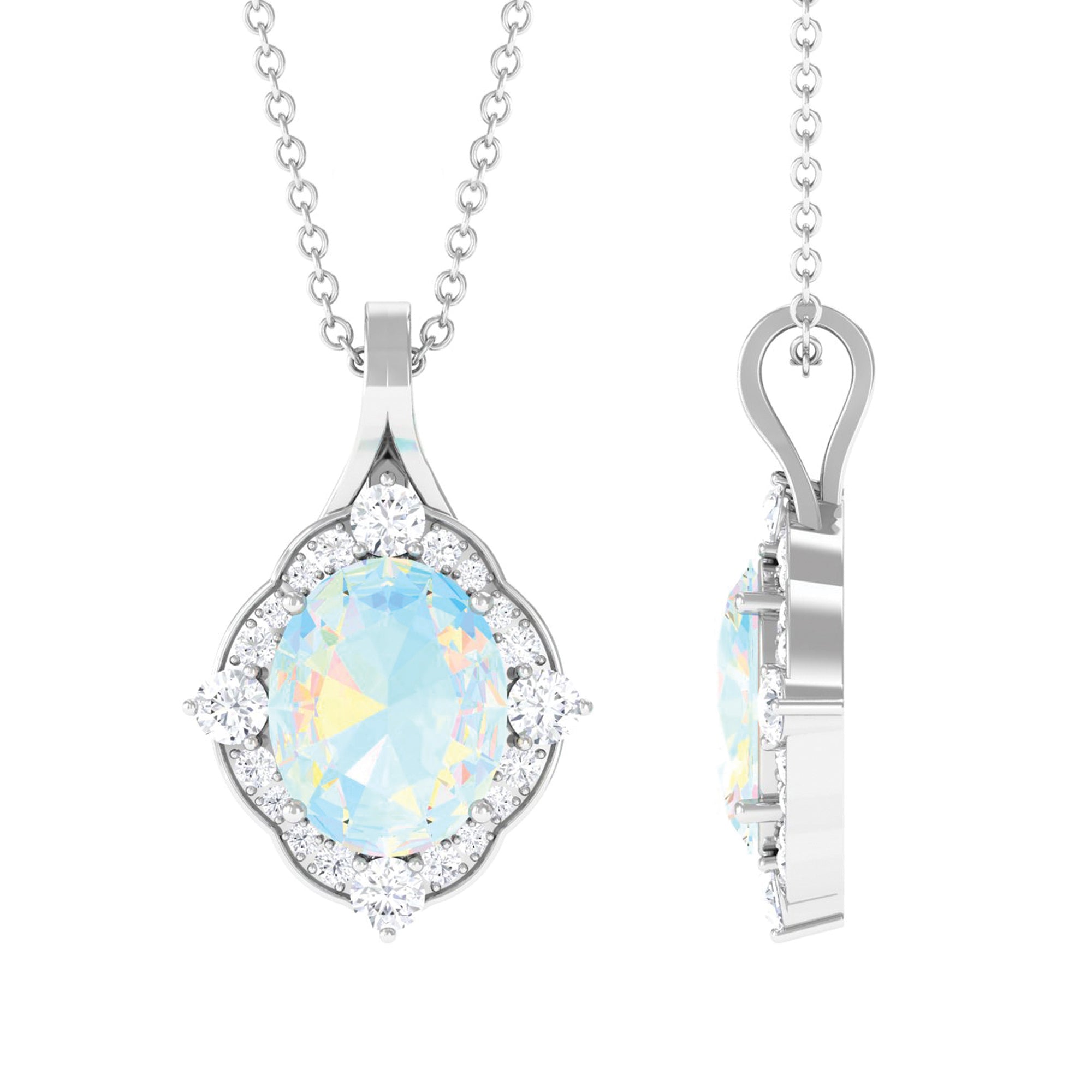 Rosec Jewels-Vintage Inspired Oval Ethiopian Opal Halo Pendant with Moissanite