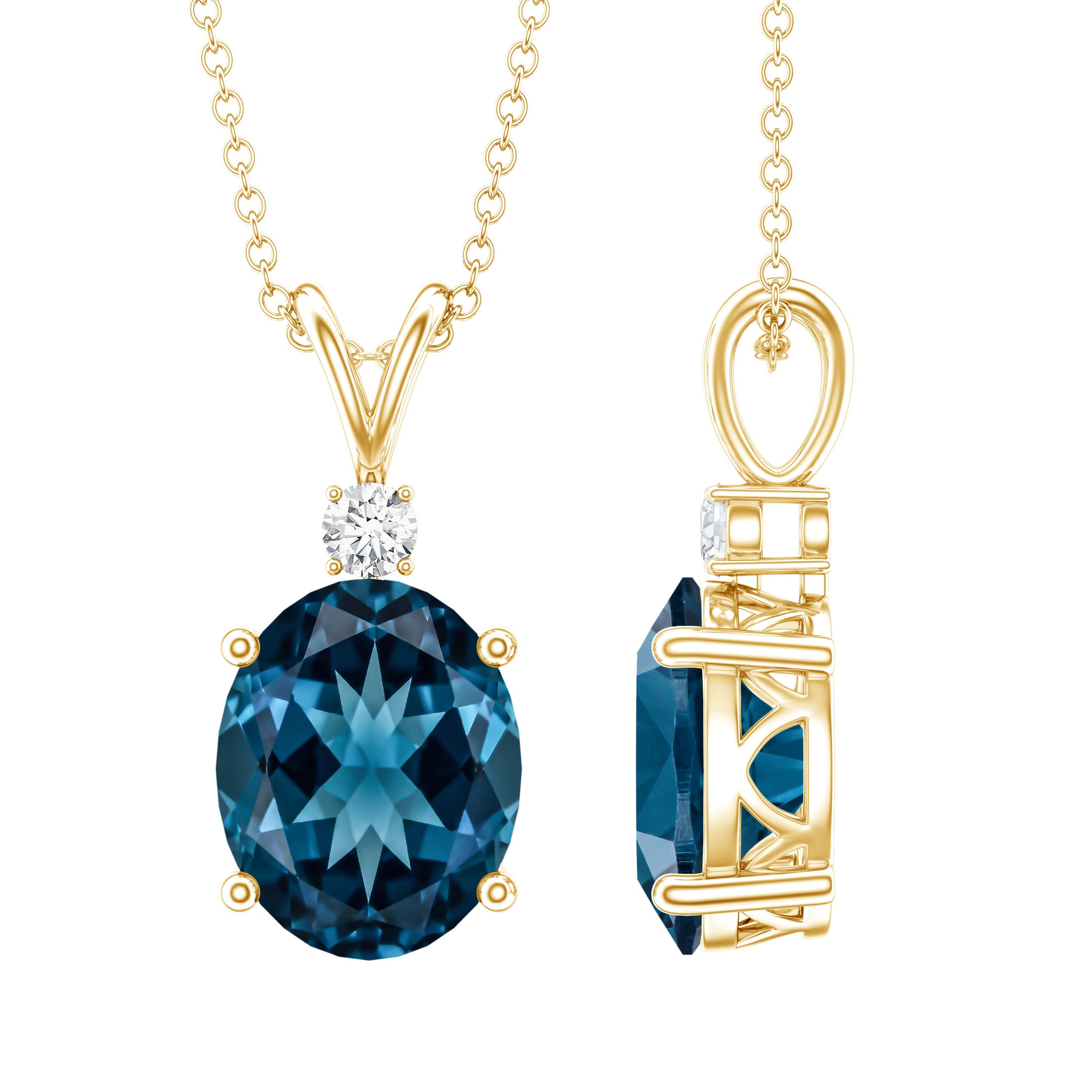 Genuine London Blue Topaz Solitaire Necklace with Chain AAA - Rosec Jewels
