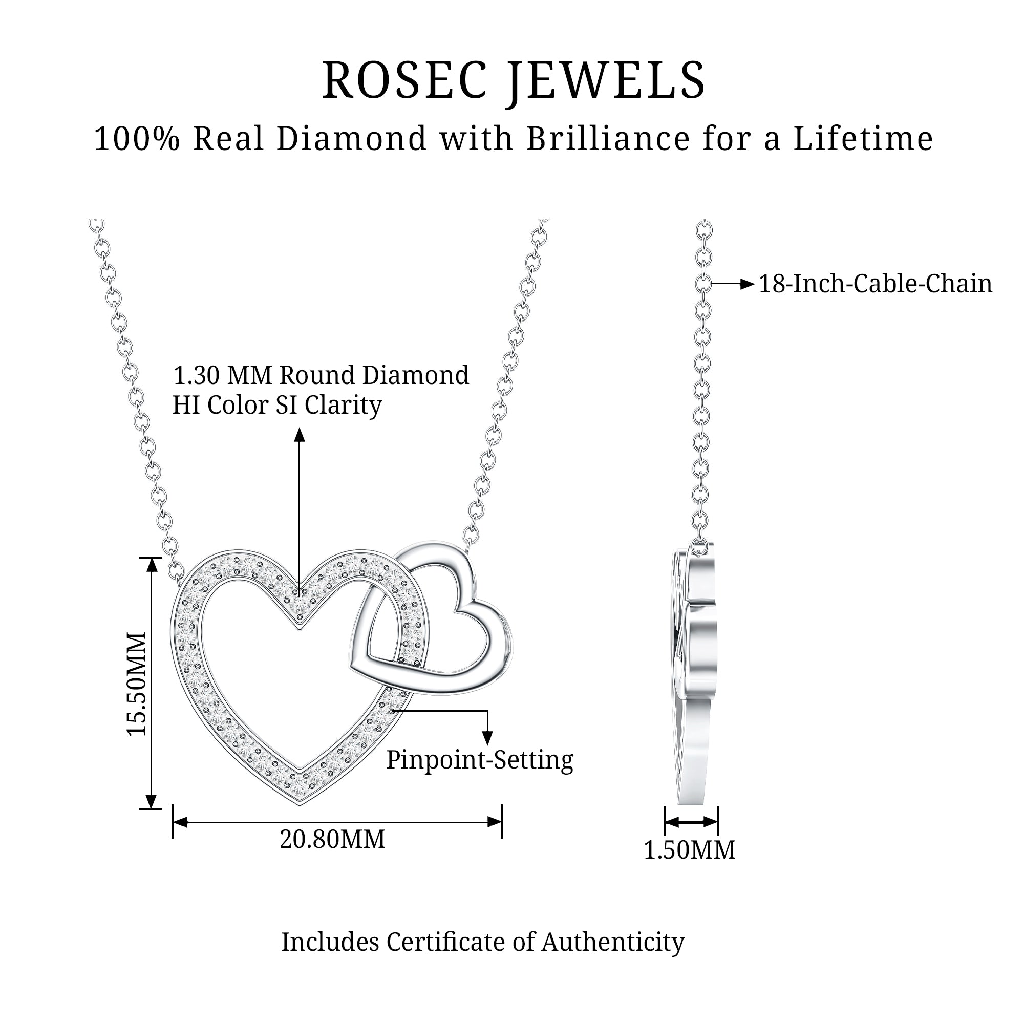 Diamond 2 Heart Promise Necklace Natural - ( HI-SI ) - Rosec Jewels