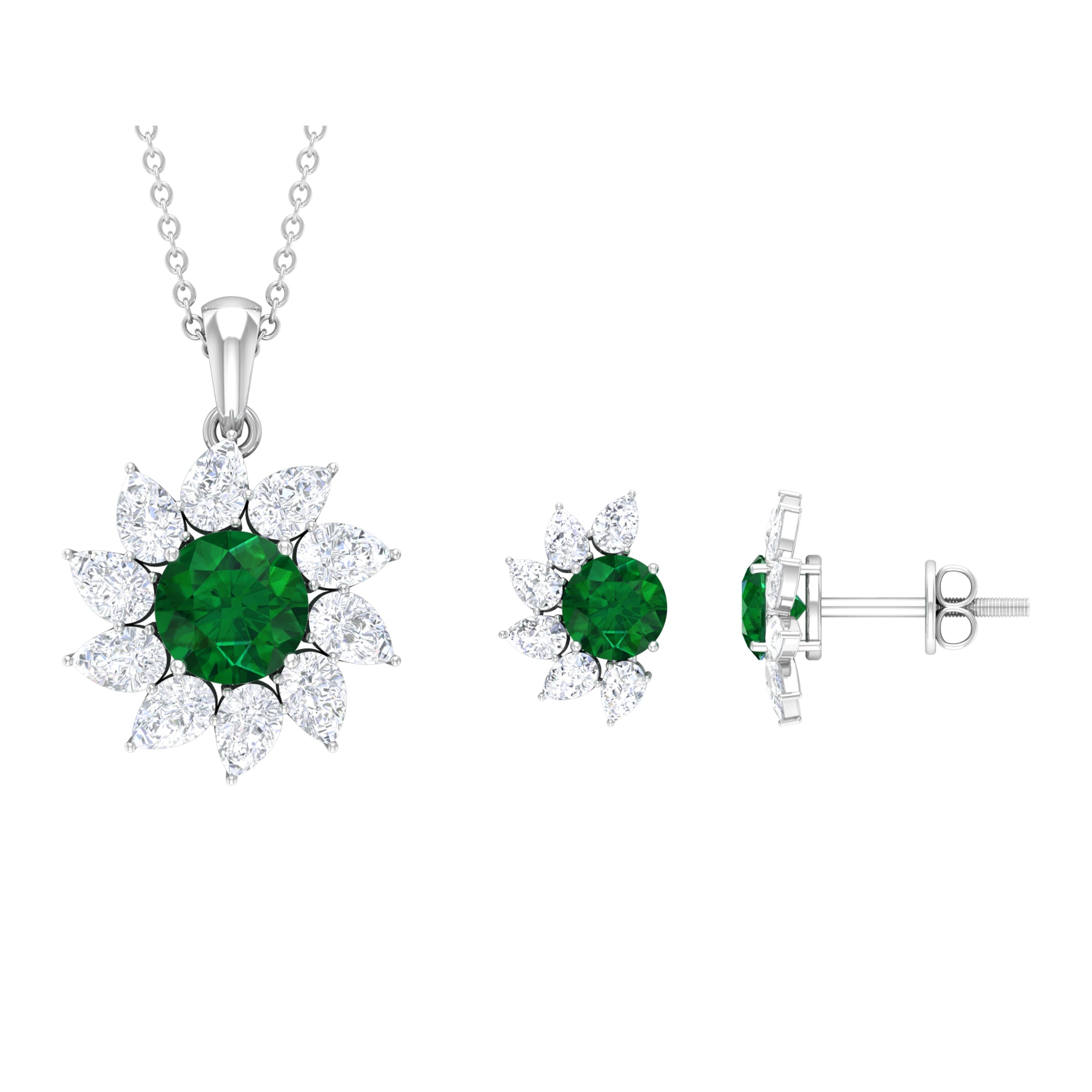 Lab Grown Emerald Diamond Flower Necklace and Earring Set