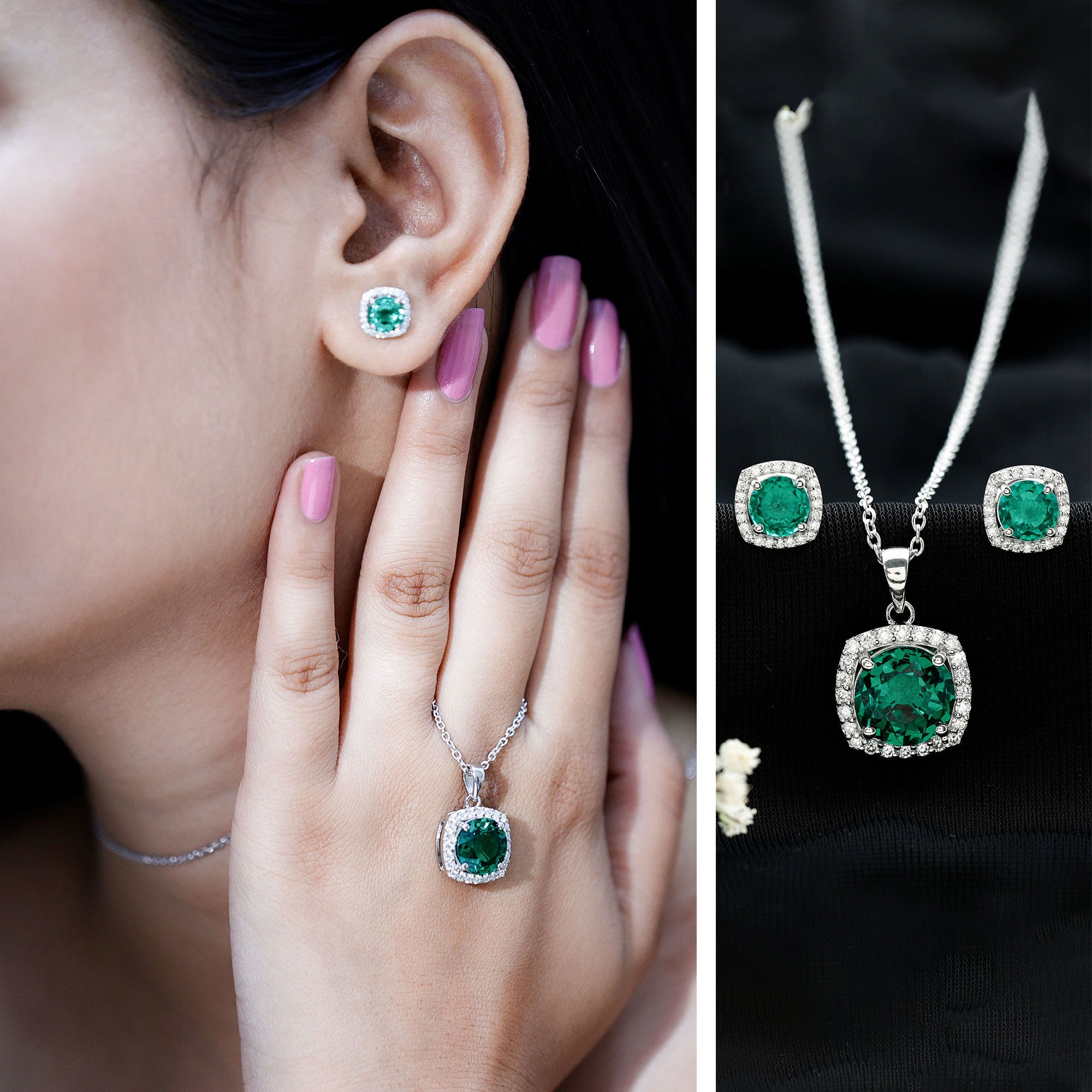 Certified 5 Carat Lab Grown Emerald Necklace and Earring Set for Women AAAA - Rosec Jewels