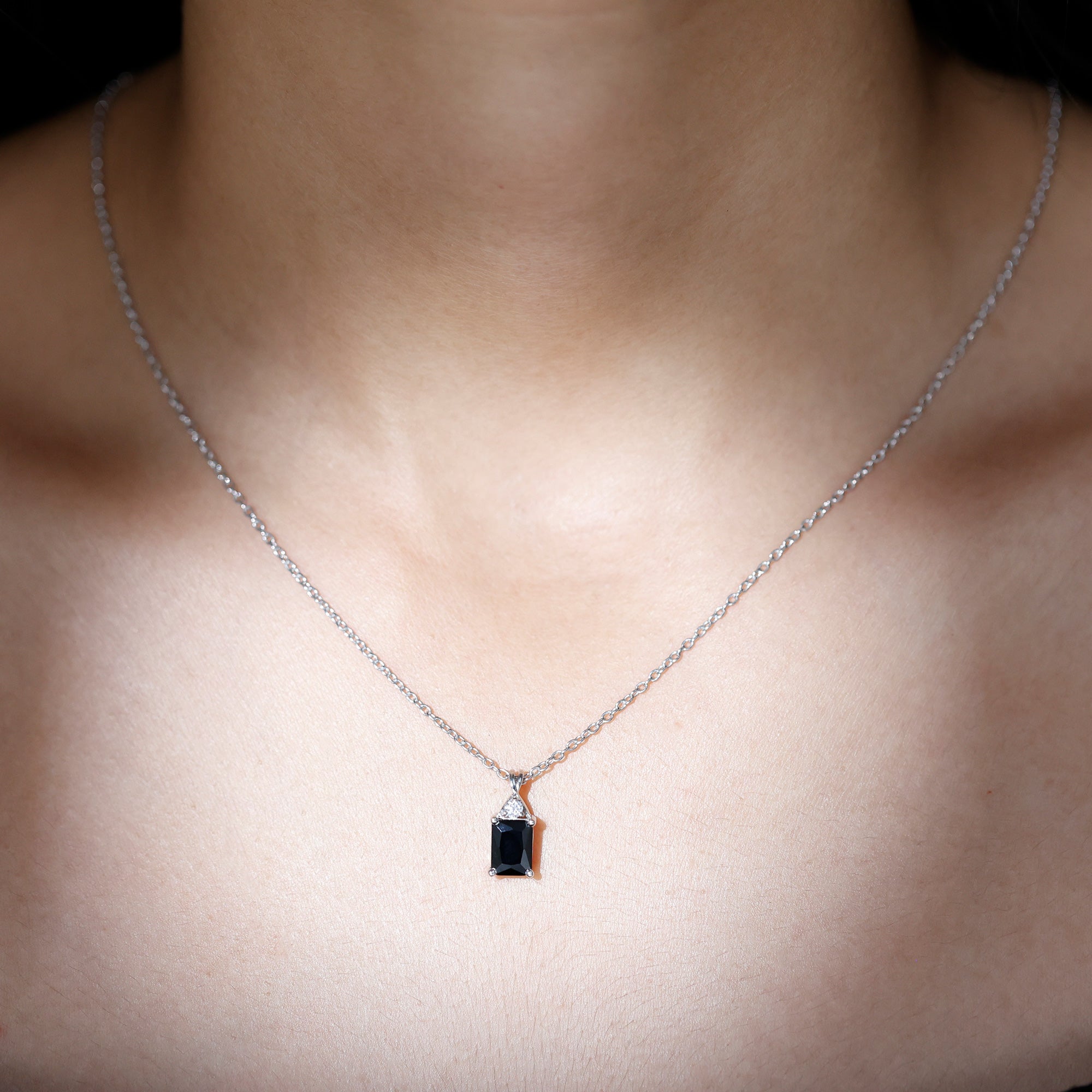 Natural 2 CT Black Onyx Emerald Cut Necklace With Chain AAA - Rosec Jewels