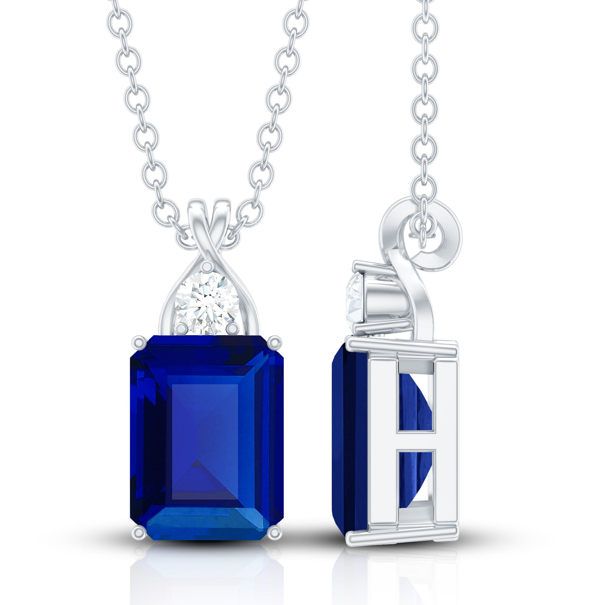 Certified Lab Created Blue Sapphire Emerald Cut Necklace with Chain AAAA - Rosec Jewels