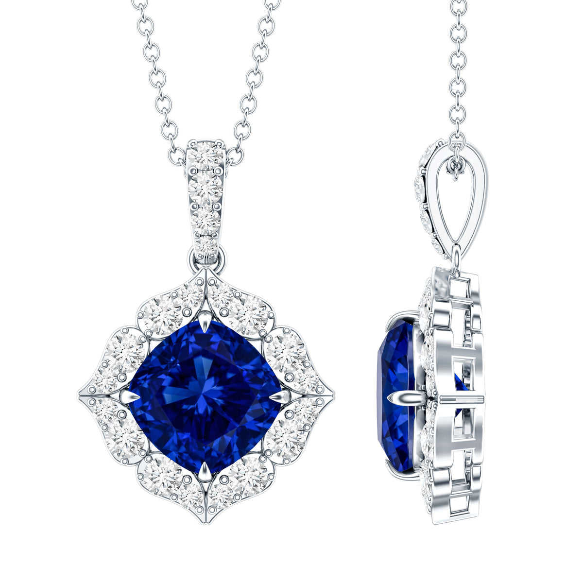 Vintage Inspired Lab Grown Blue Sapphire and Diamond Necklace AAAA - Rosec Jewels
