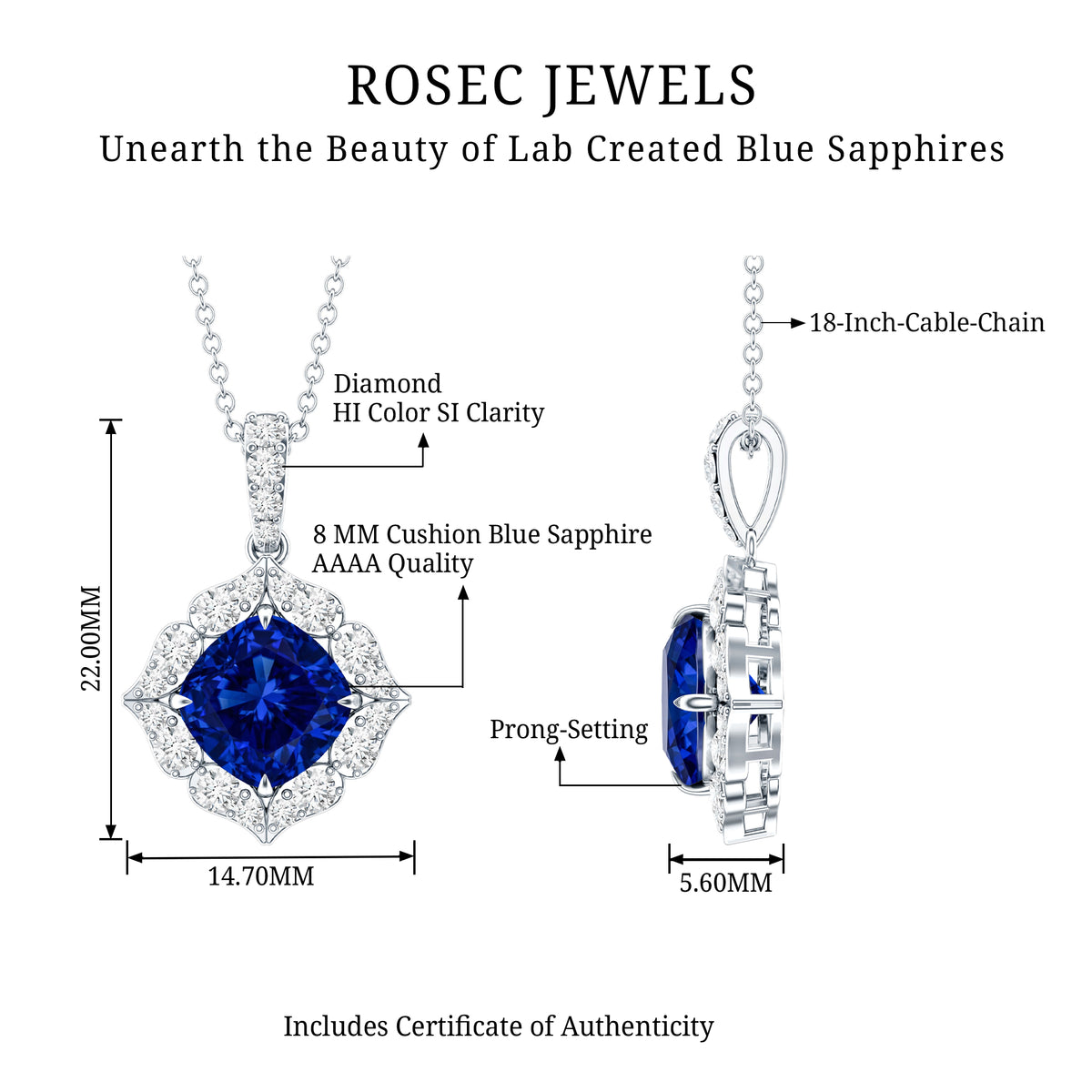 Vintage Inspired Lab Grown Blue Sapphire and Diamond Necklace AAAA - Rosec Jewels