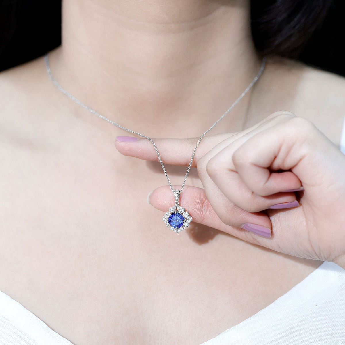 Vintage Inspired Lab Grown Blue Sapphire and Diamond Necklace AAAA - Rosec Jewels