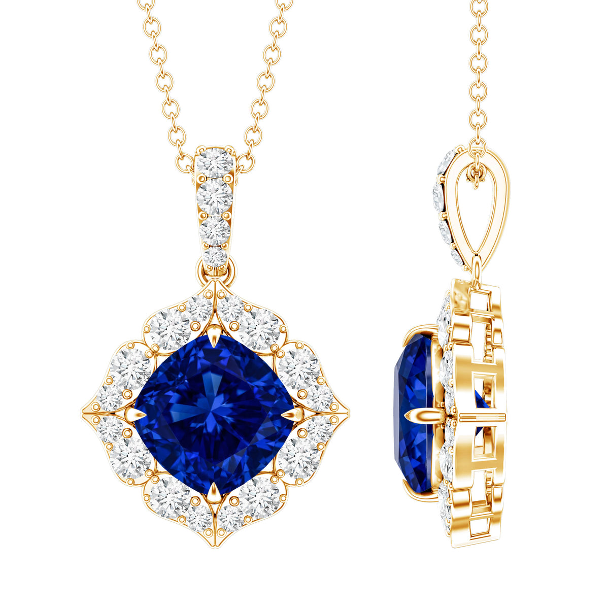 Vintage Inspired Lab Grown Blue Sapphire and Diamond Necklace AAAA - Rosec Jewels