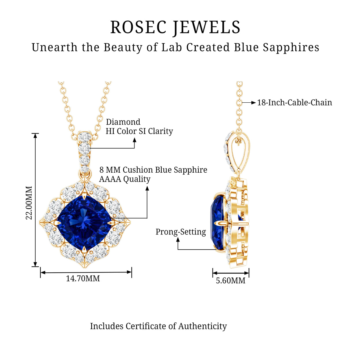 Vintage Inspired Lab Grown Blue Sapphire and Diamond Necklace AAAA - Rosec Jewels