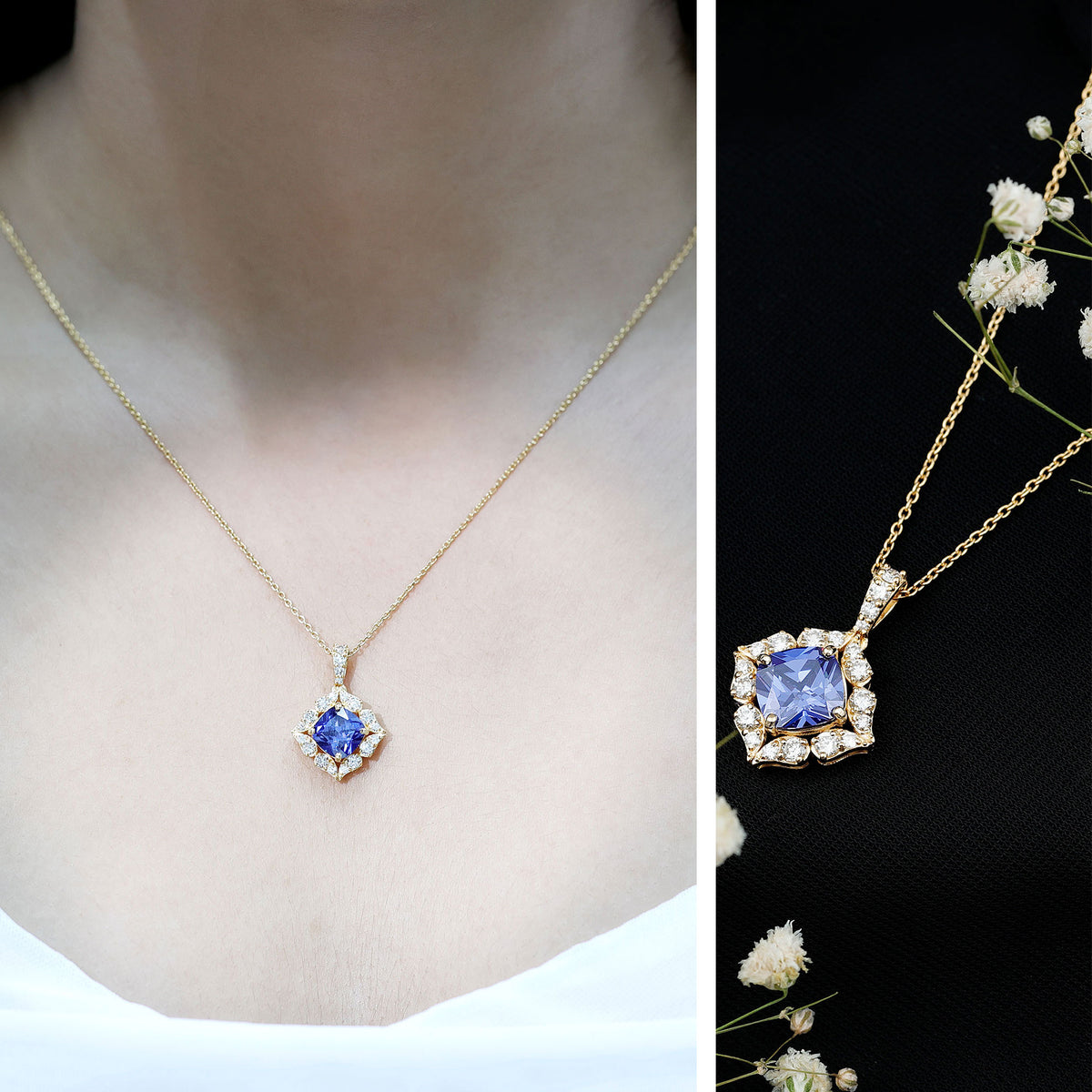 Vintage Inspired Lab Grown Blue Sapphire and Diamond Necklace AAAA - Rosec Jewels
