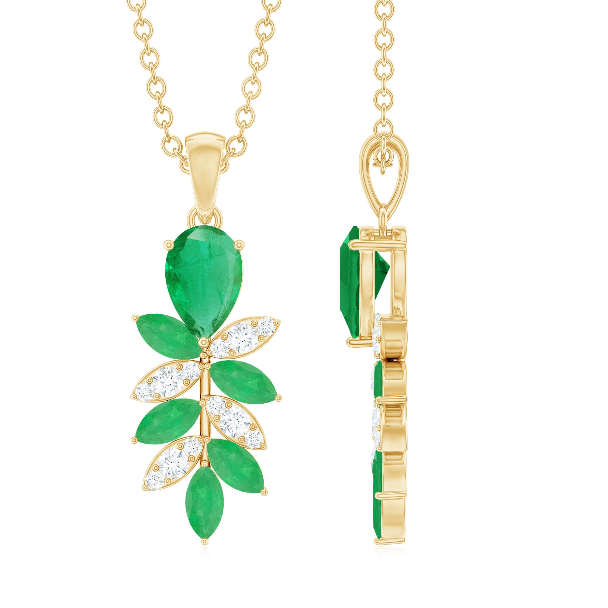 Designer Emerald and Diamond Leaf Pendant Necklace Emerald - ( AAA ) - Quality - Rosec Jewels
