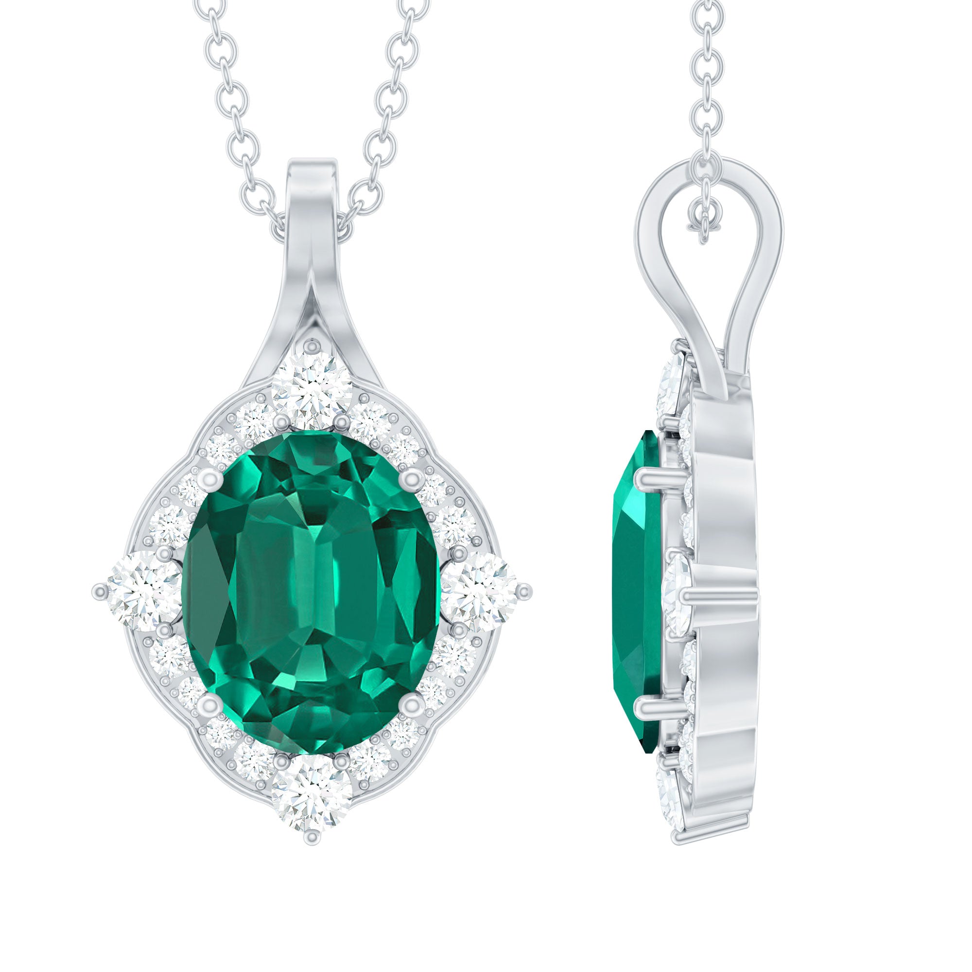 Vintage Style Oval Halo Pendant with Created Emerald and Diamond