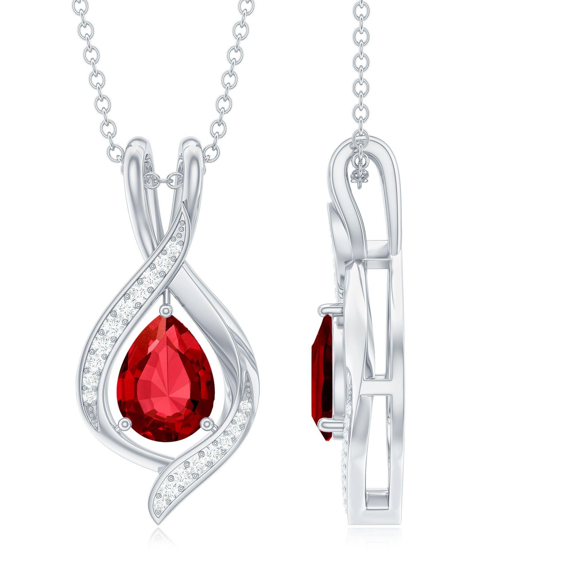 Pear Cut Created Ruby Teardrop Pendant with Moissanite Accent