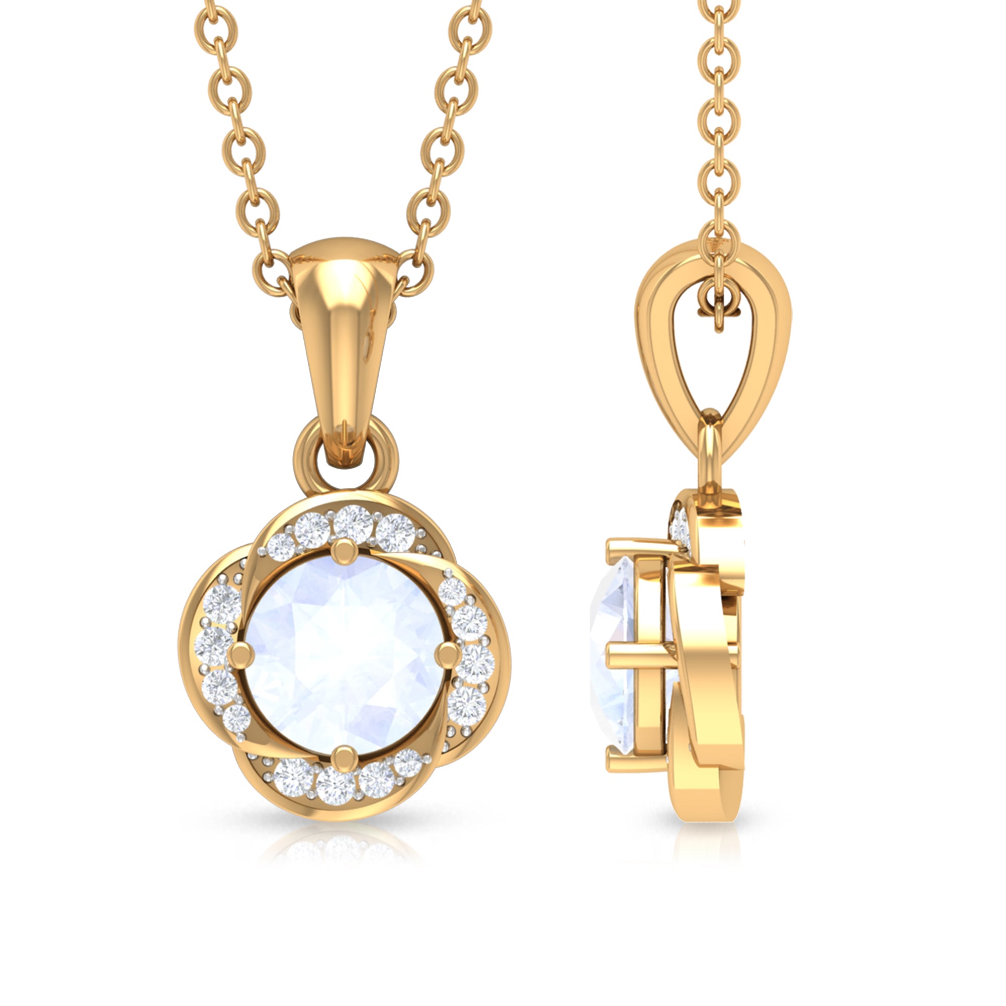Moonstone and Diamond Flower Pendant Necklace AAA - Rosec Jewels