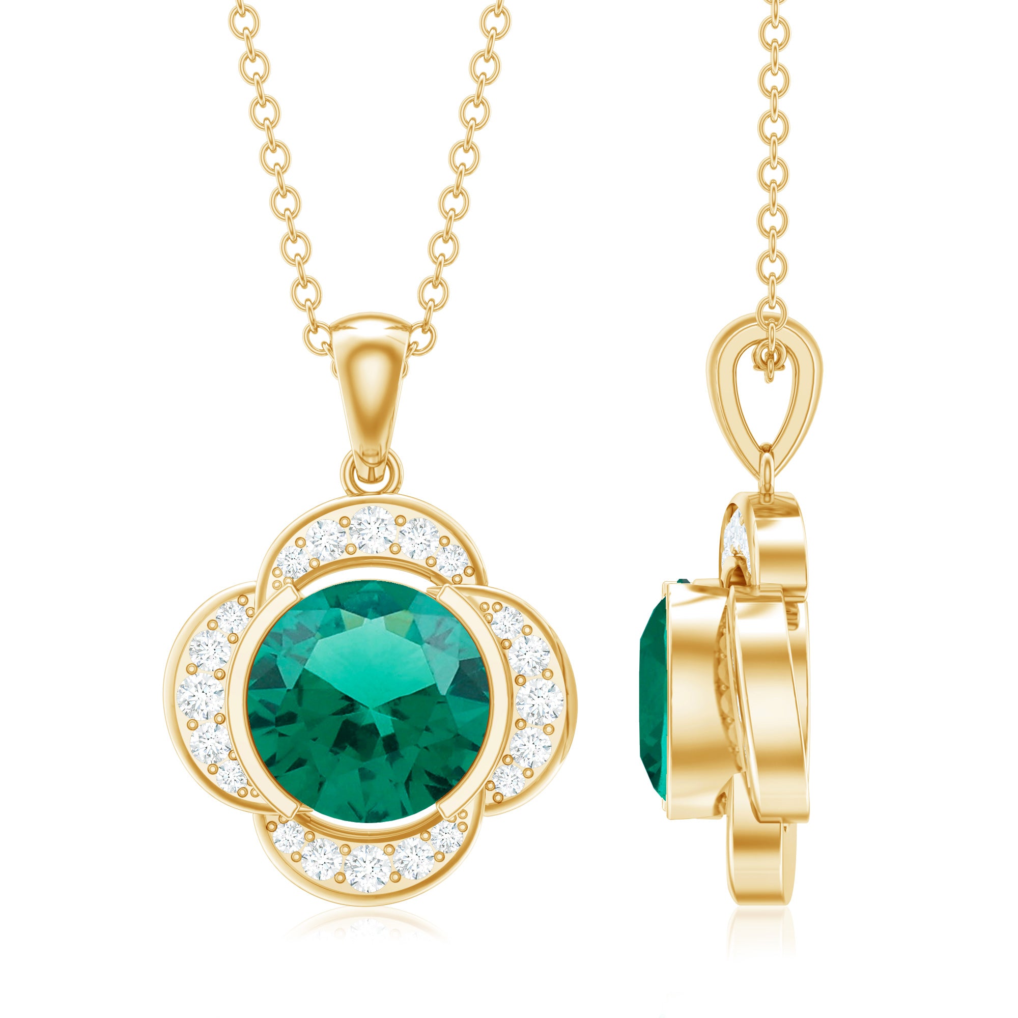 2 CT Lab Grown Emerald and Diamond Flower Necklace AAAA - Rosec Jewels