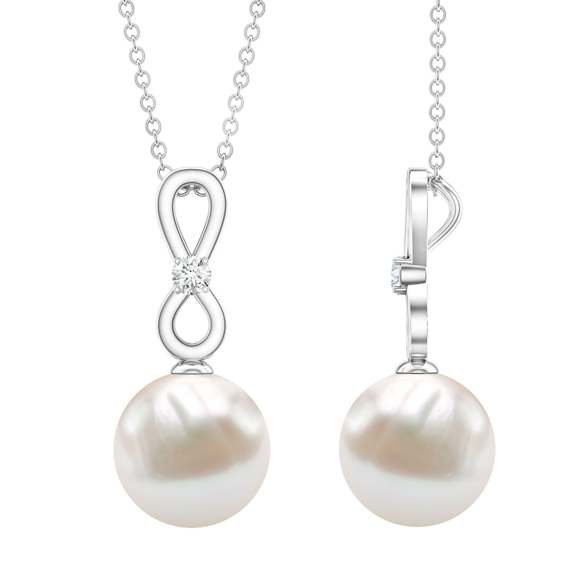 8 Carat Round Freshwater Pearl Drop Infinity Pendant with Diamond AAA - Rosec Jewels