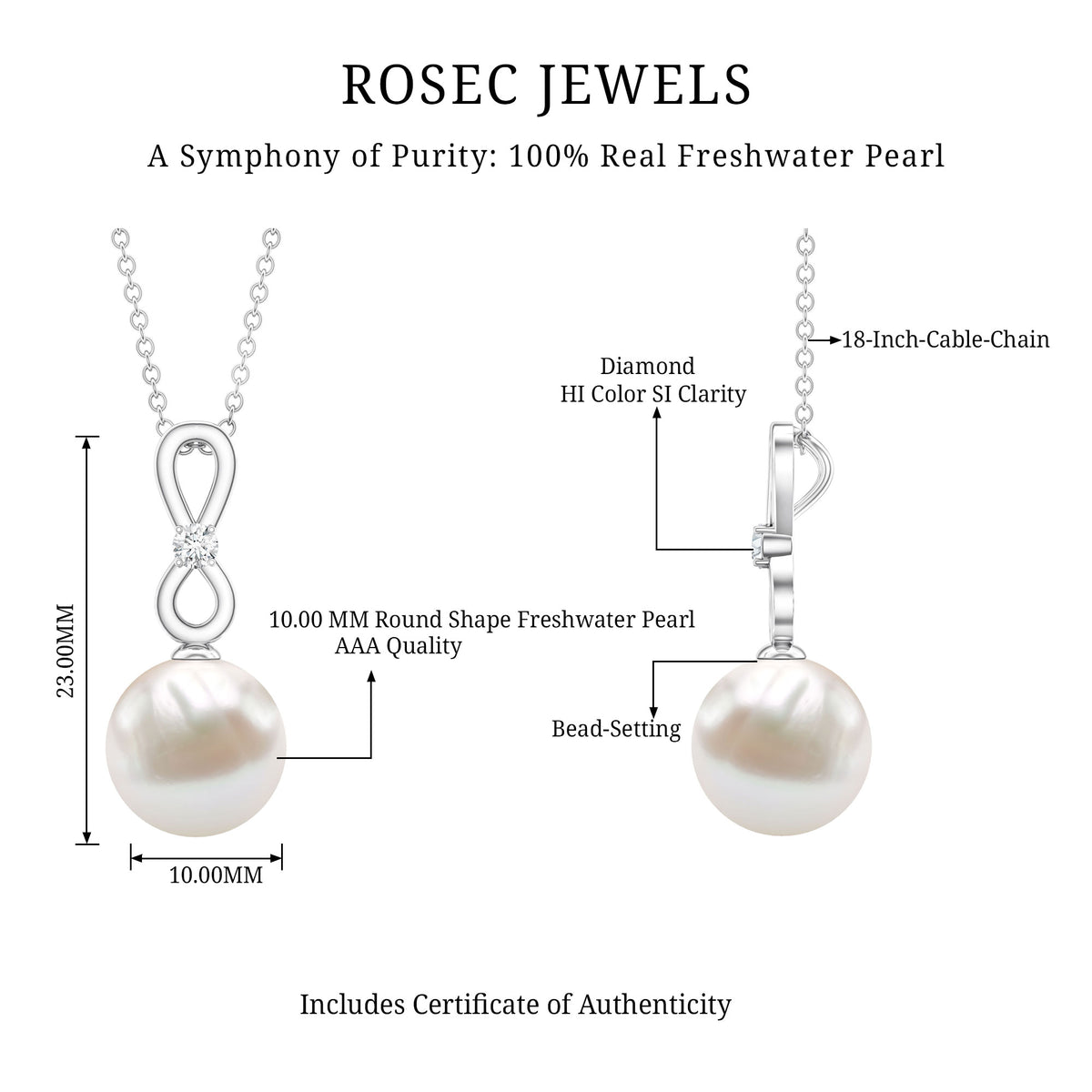 8 Carat Round Freshwater Pearl Drop Infinity Pendant with Diamond AAA - Rosec Jewels