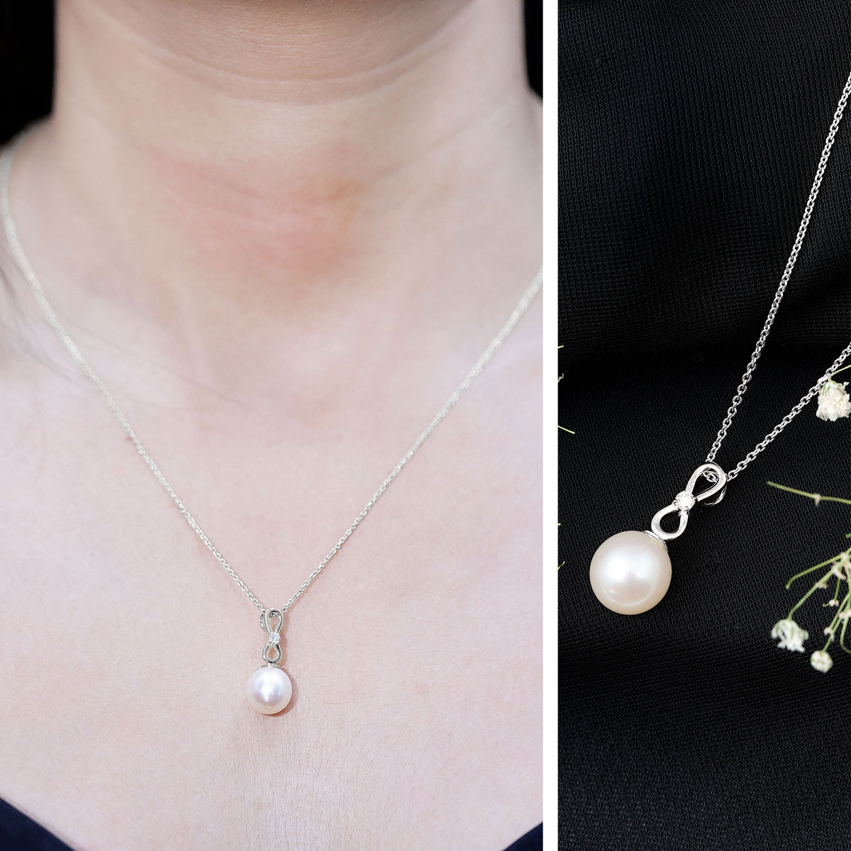 8 Carat Round Freshwater Pearl Drop Infinity Pendant with Diamond AAA - Rosec Jewels