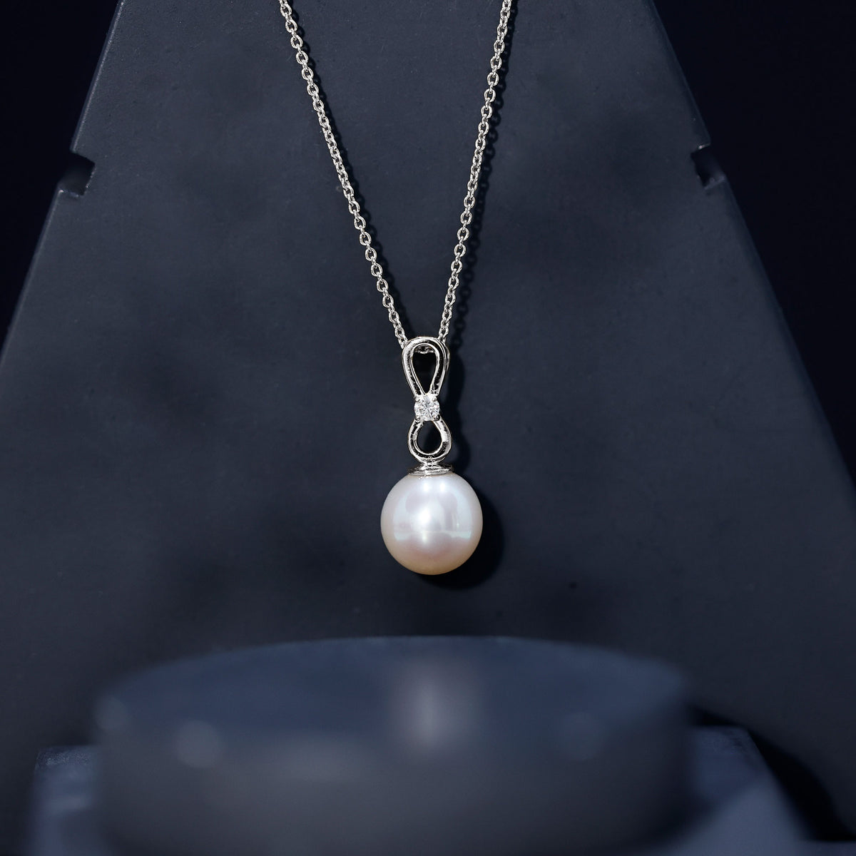 8 Carat Round Freshwater Pearl Drop Infinity Pendant with Diamond AAA - Rosec Jewels