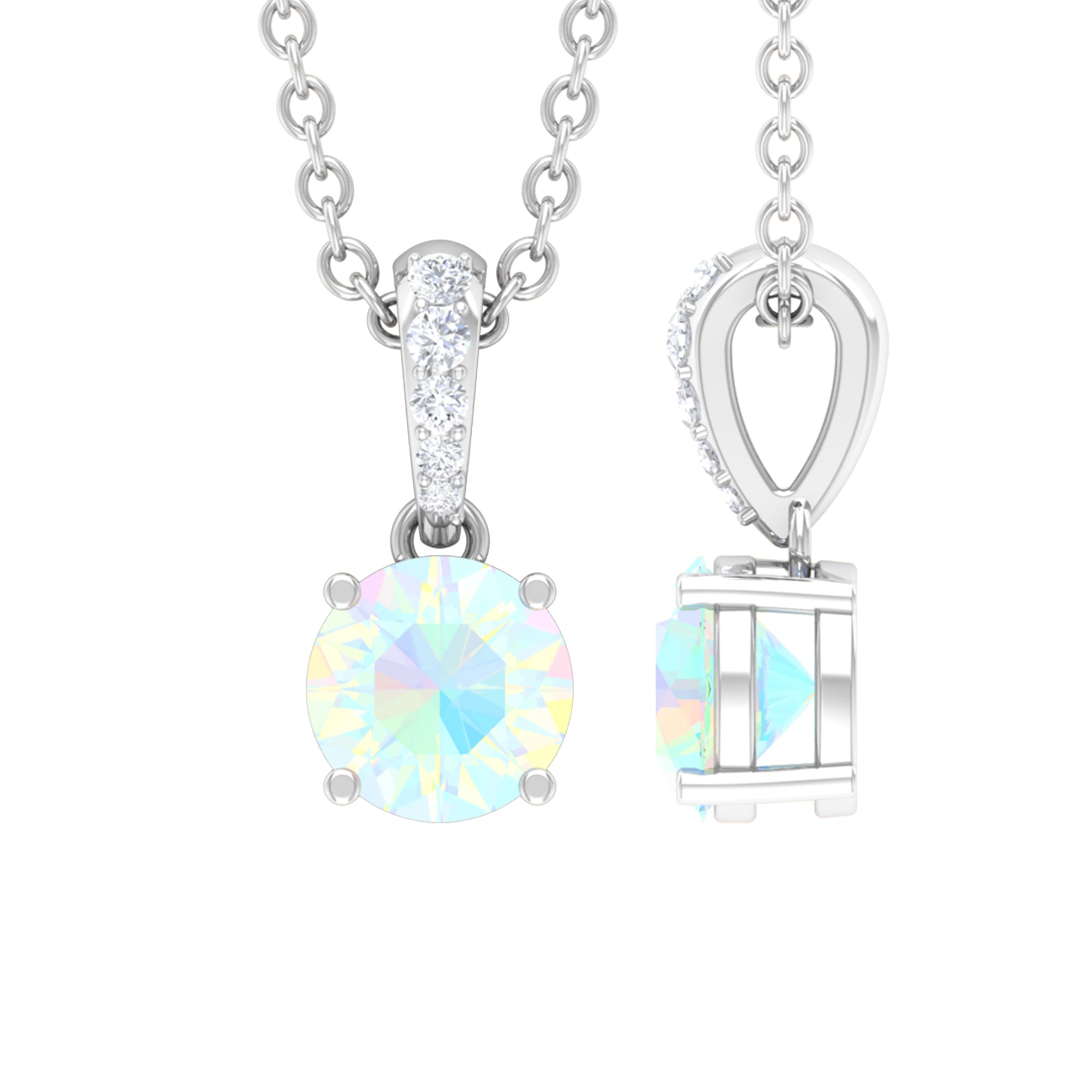 3/4 CT Round Shape Ethiopian Opal Solitaire Pendant in 4 Prong Setting with Diamond Accent Bail Ethiopian Opal - ( AAA ) - Quality - Rosec Jewels