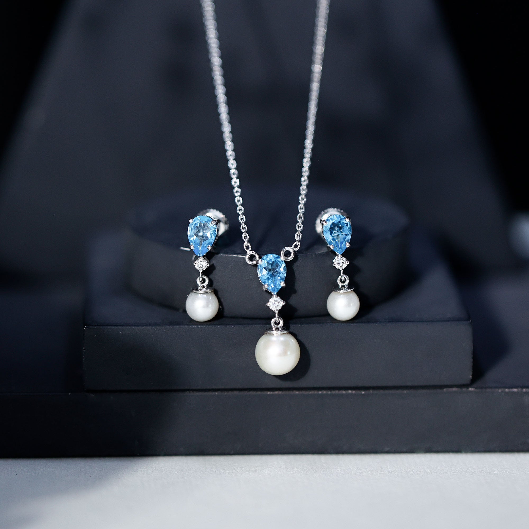 Swiss Blue Topaz and Diamond Jewelry Set with Freshwater Pearl Drop AAA - Rosec Jewels