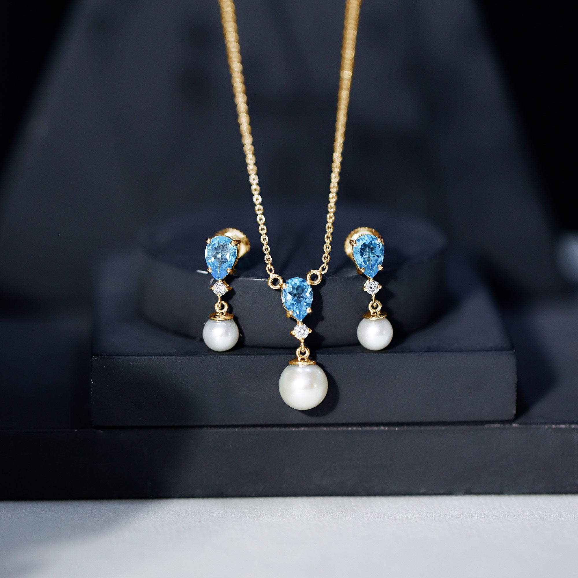 Swiss Blue Topaz and Diamond Jewelry Set with Freshwater Pearl Drop AAA - Rosec Jewels