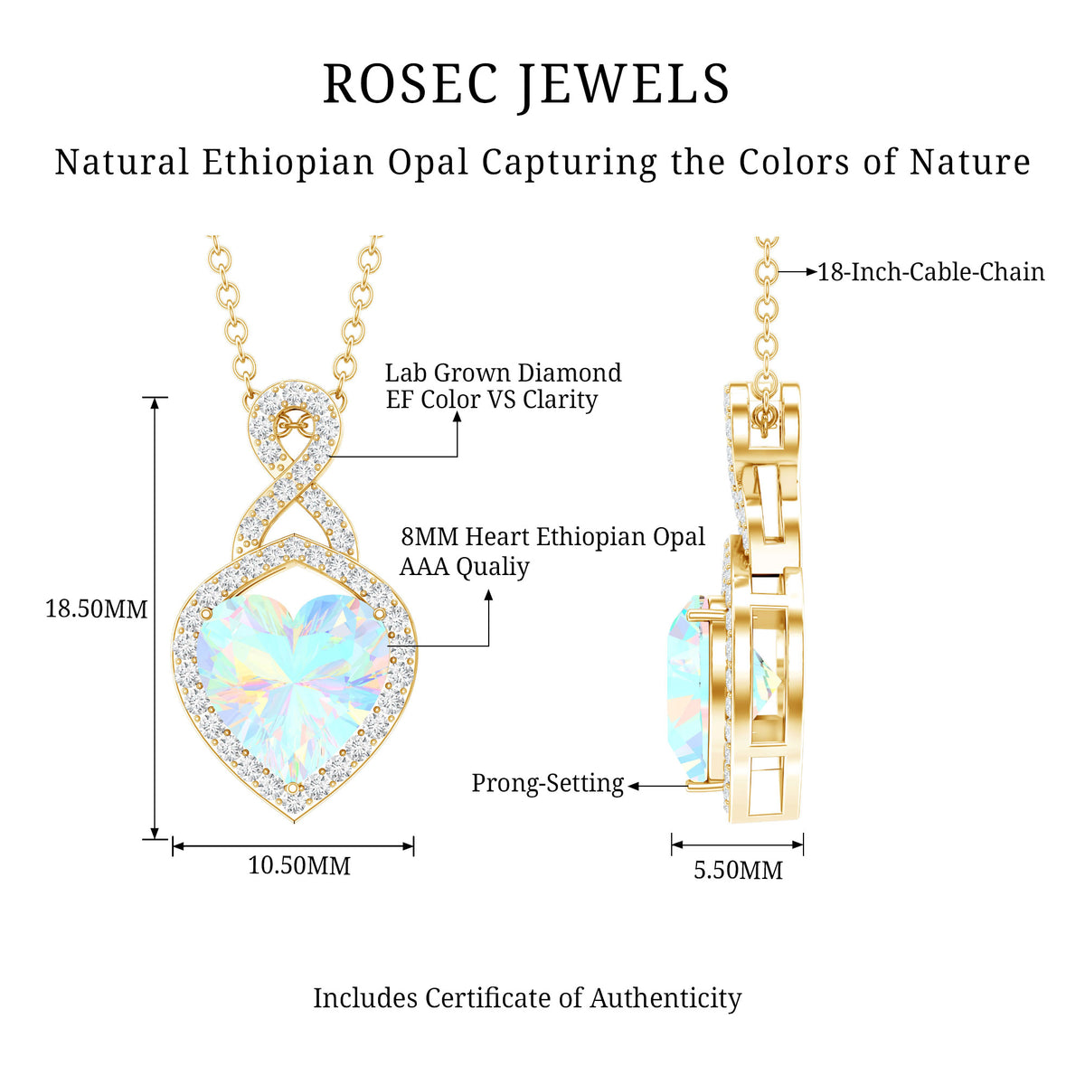 2 Carat Heart Shape Ethiopian Opal Infinity Pendant with Diamond AAA - Rosec Jewels