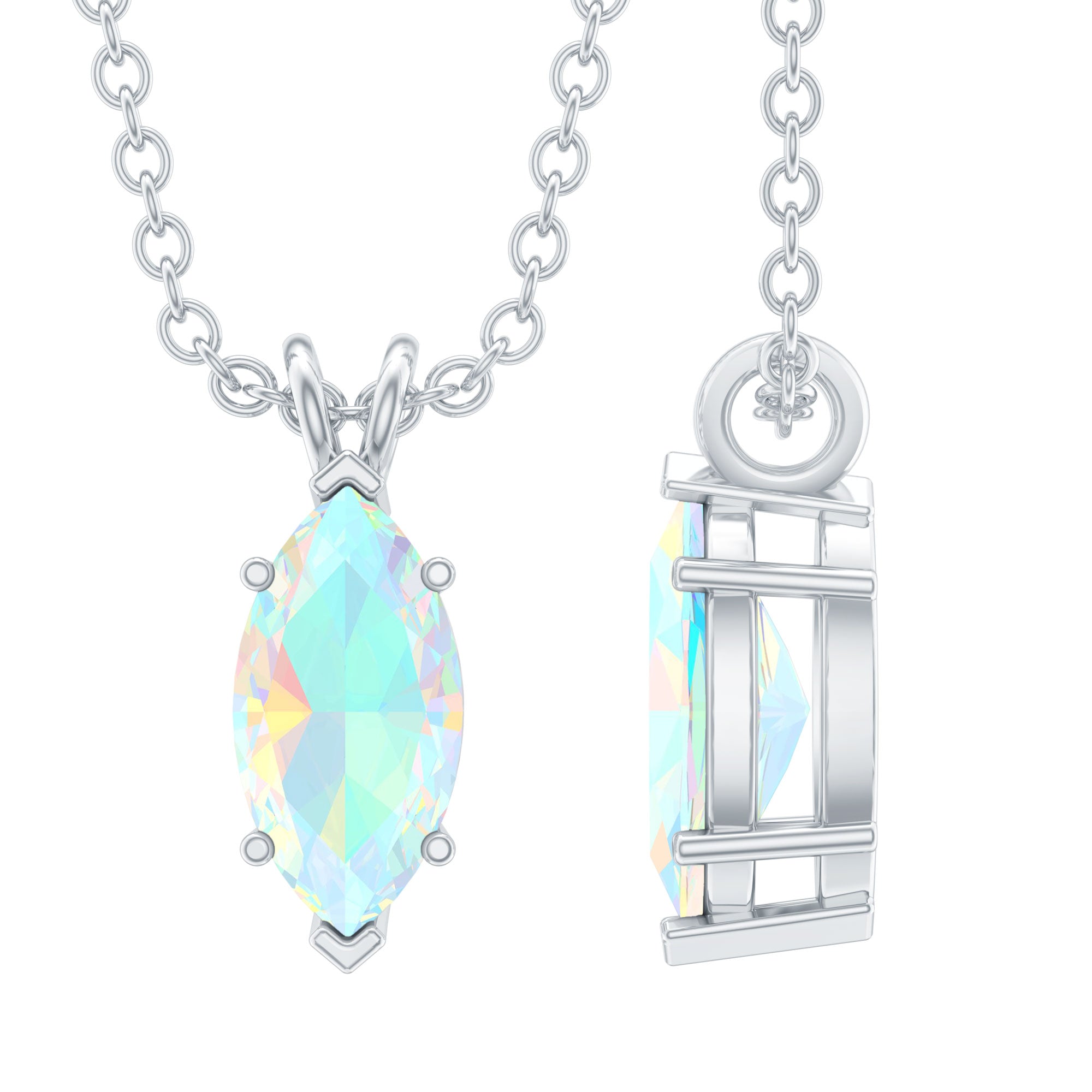 Marquise Cut 4X8 MM Rainbow Opal Solitaire Necklace with Chain